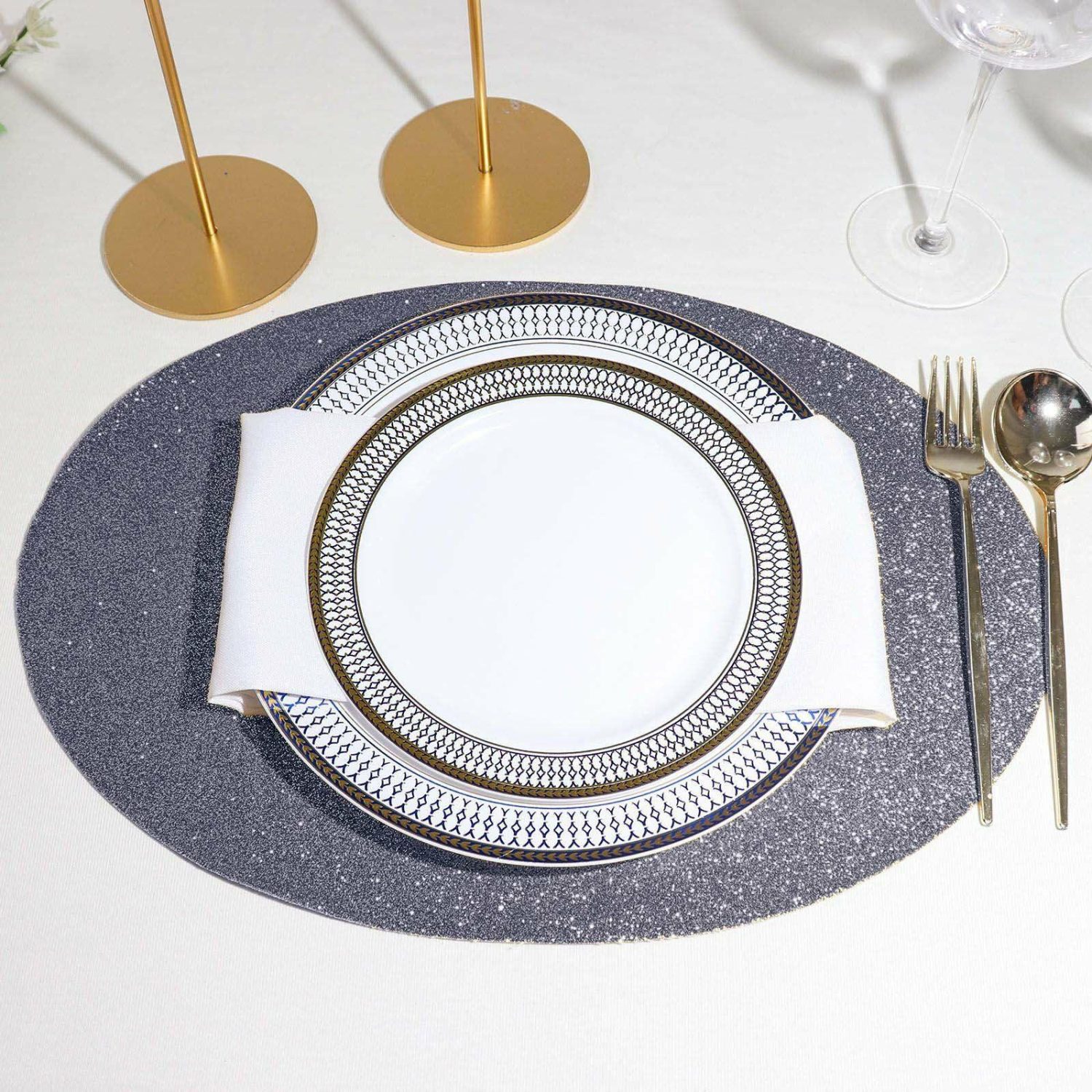 Placemats | 6 Pack Charcoal Gray Sparkle Placemats, Non Slip Decorative Oval Glitter Table Mat Chargers Charcoal gray