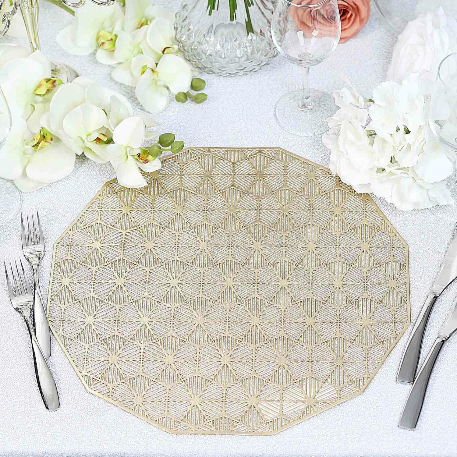 Placemats | 6 Pack Gold Geometric Woven Vinyl Placemats, Non-Slip Dining Table Mats 15″ Chargers Placemats