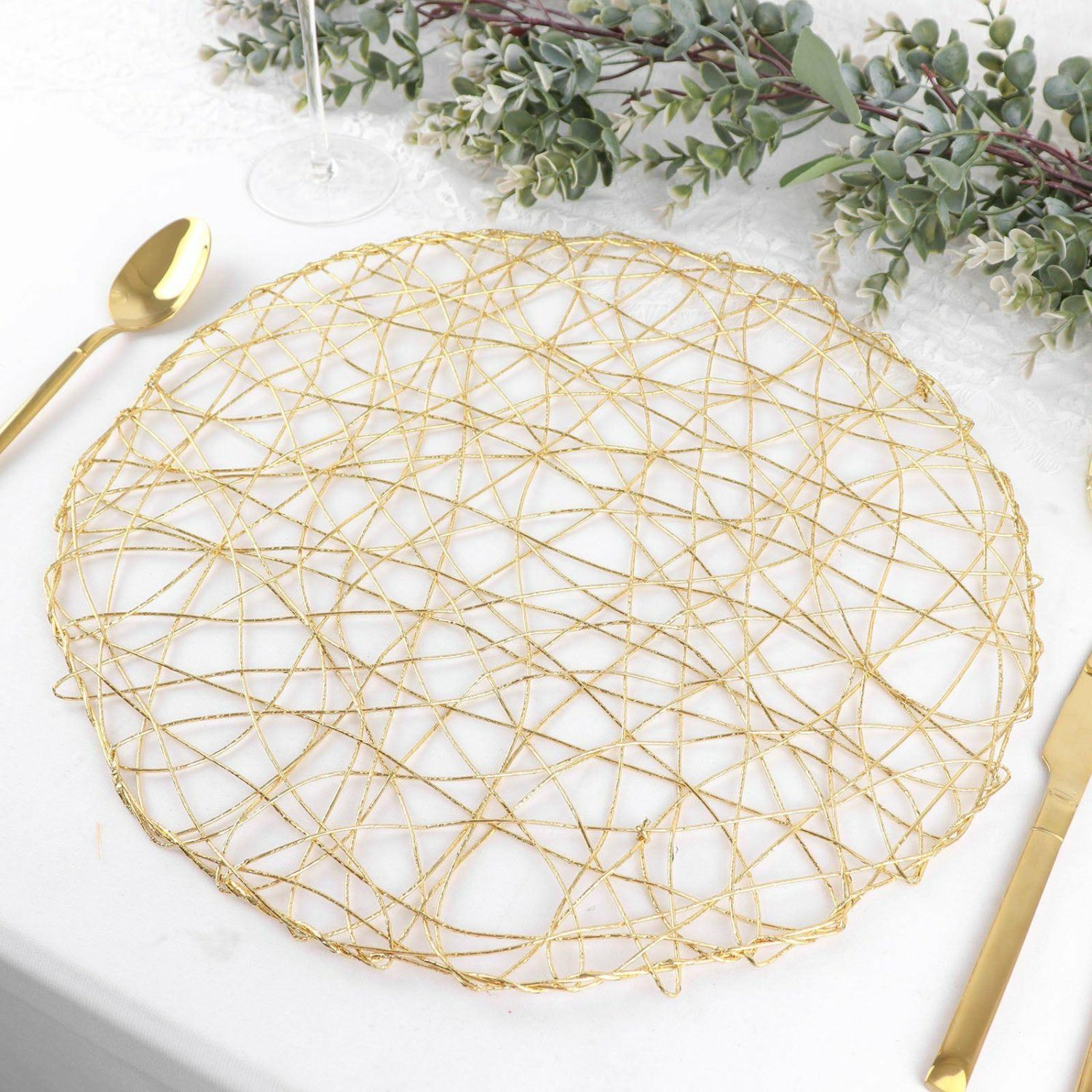 Placemats | 6 Pack Gold Metallic String Woven Placemats, Round Table Mats 15″ Chargers Gold