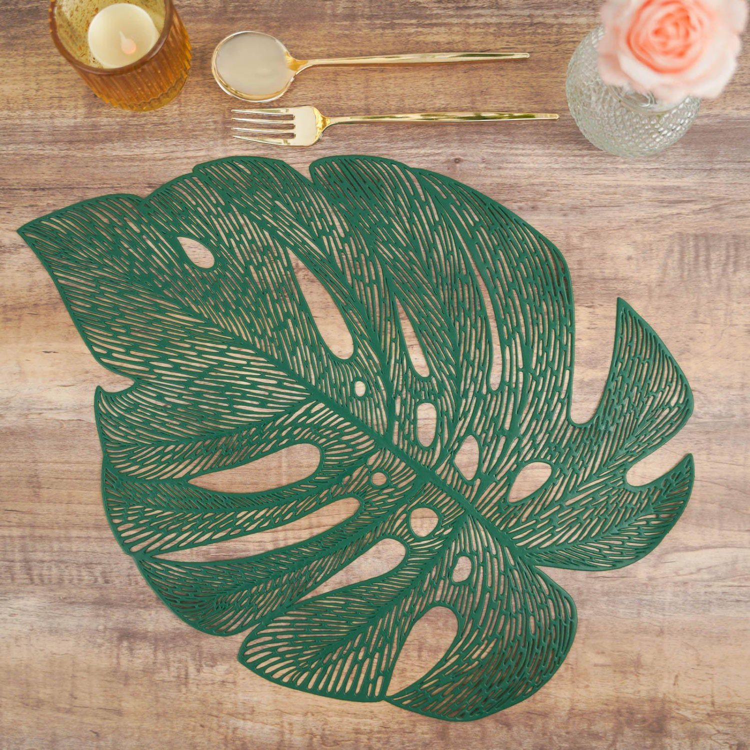 Placemats | 6 Pack Green Monstera Leaf Vinyl Placemats, Non-Slip Dining Table Mats 18″ Chargers Green