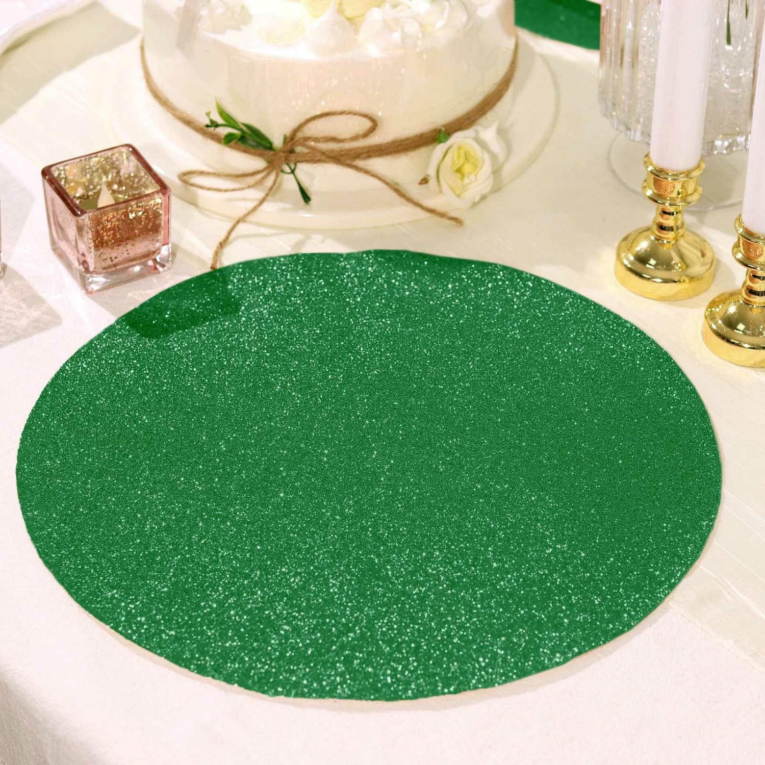 Placemats | 6 Pack Green Round Sparkle Placemats, Non Slip Glitter Decorative Table Mats Chargers Green