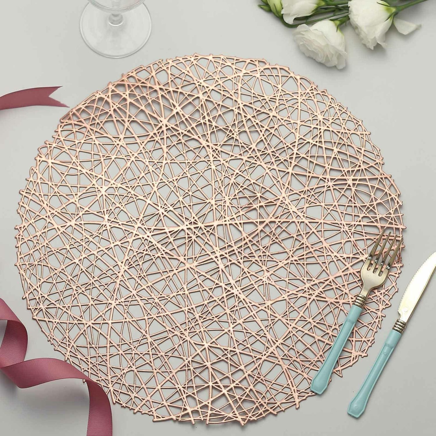 Placemats | 6 Pack Rose Gold Decorative Woven Vinyl Placemats, Non-Slip Round Table Mats 15″ Chargers Placemats