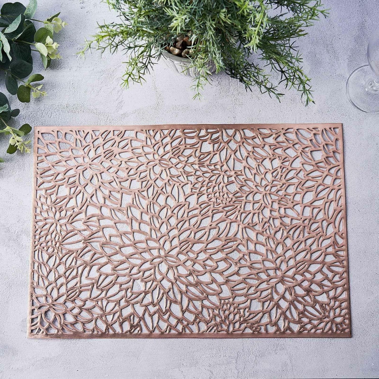 Placemats | 6 Pack Rose Gold Metallic Floral Vinyl Placemats, Non-Slip Rectangle Dining Table Mats 12″x18″ Chargers Blush/Rose gold