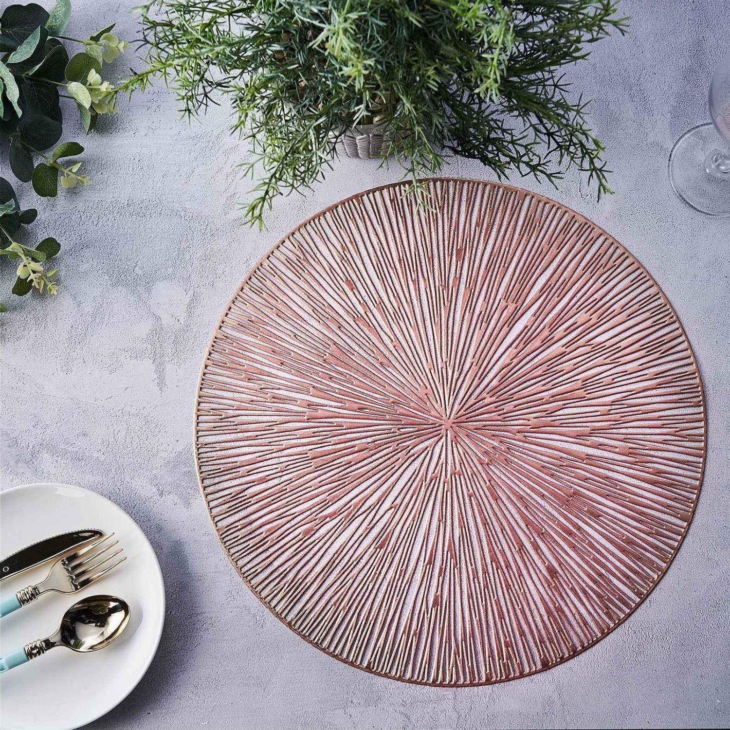 Placemats | 6 Pack Rose Gold Metallic Non-Slip Placemats, Spiked Design Round Vinyl Table Mats 15″ Chargers Placemats