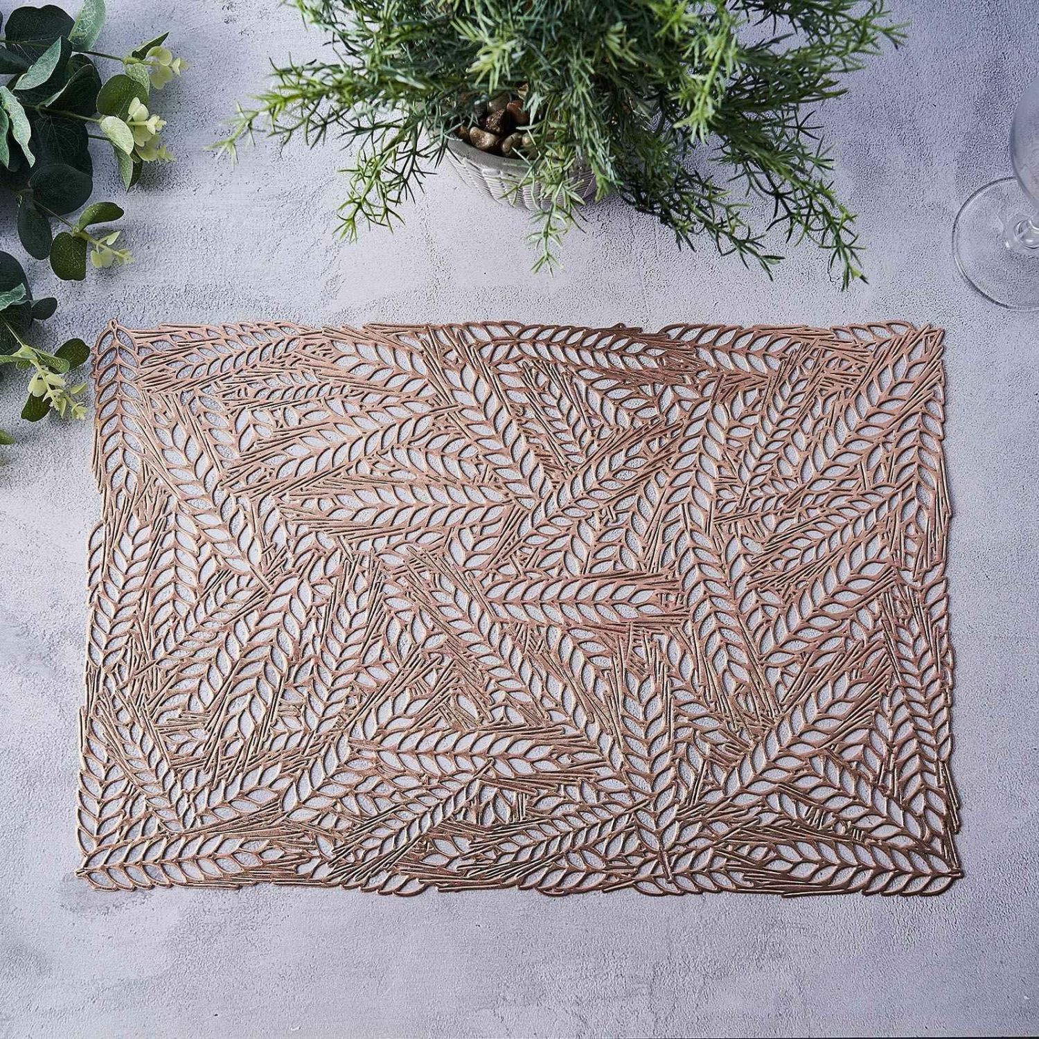 Placemats | 6 Pack Rose Gold Metallic Non-Slip Placemats, Wheat Design Rectangle Vinyl Table Mats 12″x18″ Chargers Placemats