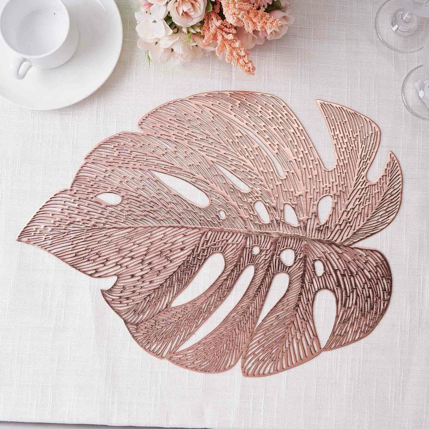 Placemats | 6 Pack Rose Gold Monstera Leaf Vinyl Placemats, Non-Slip Dining Table Mats 18″ Chargers Placemats