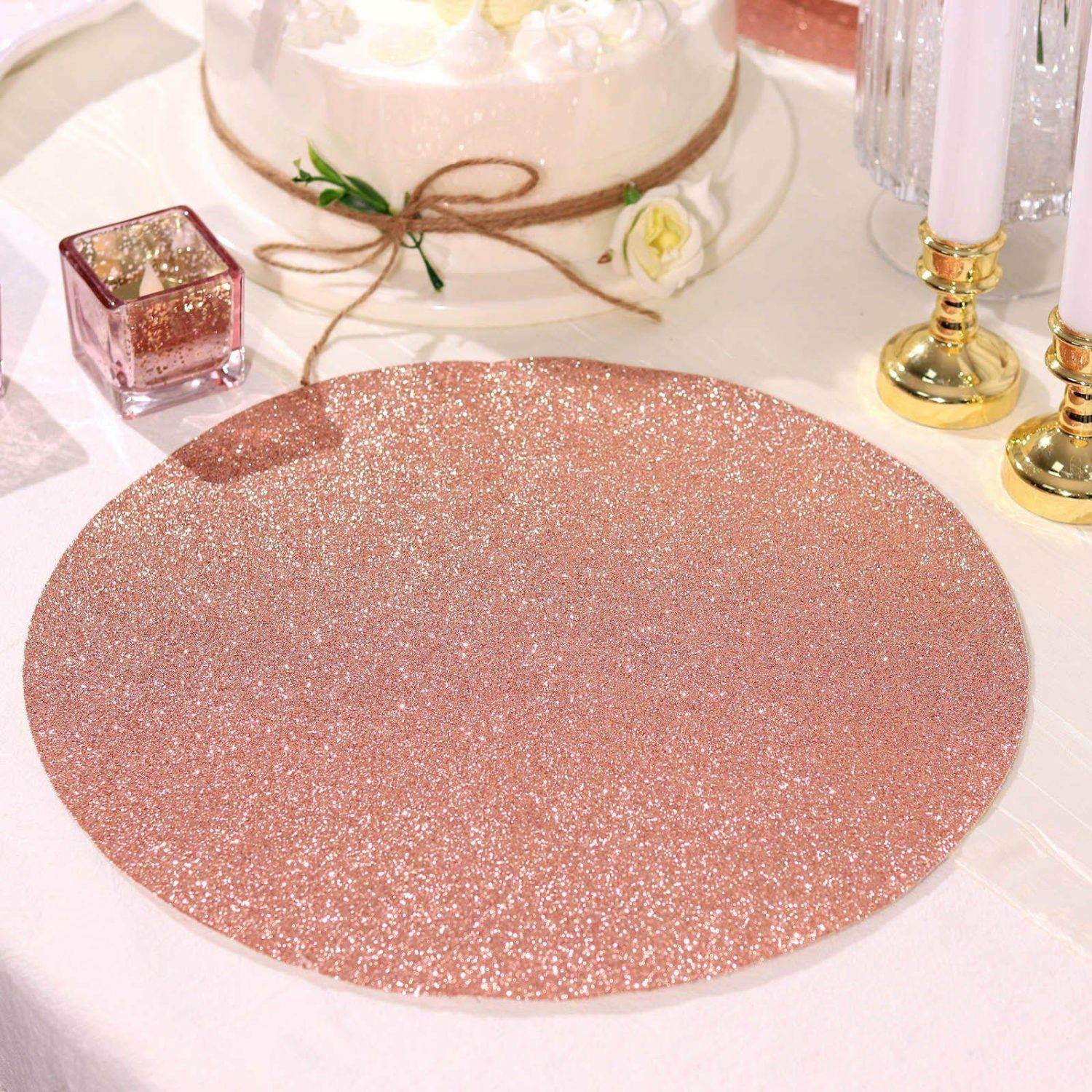 Placemats | 6 Pack Rose Gold Sparkle Placemats, Non Slip Decorative Round Glitter Table Mat Chargers Placemats