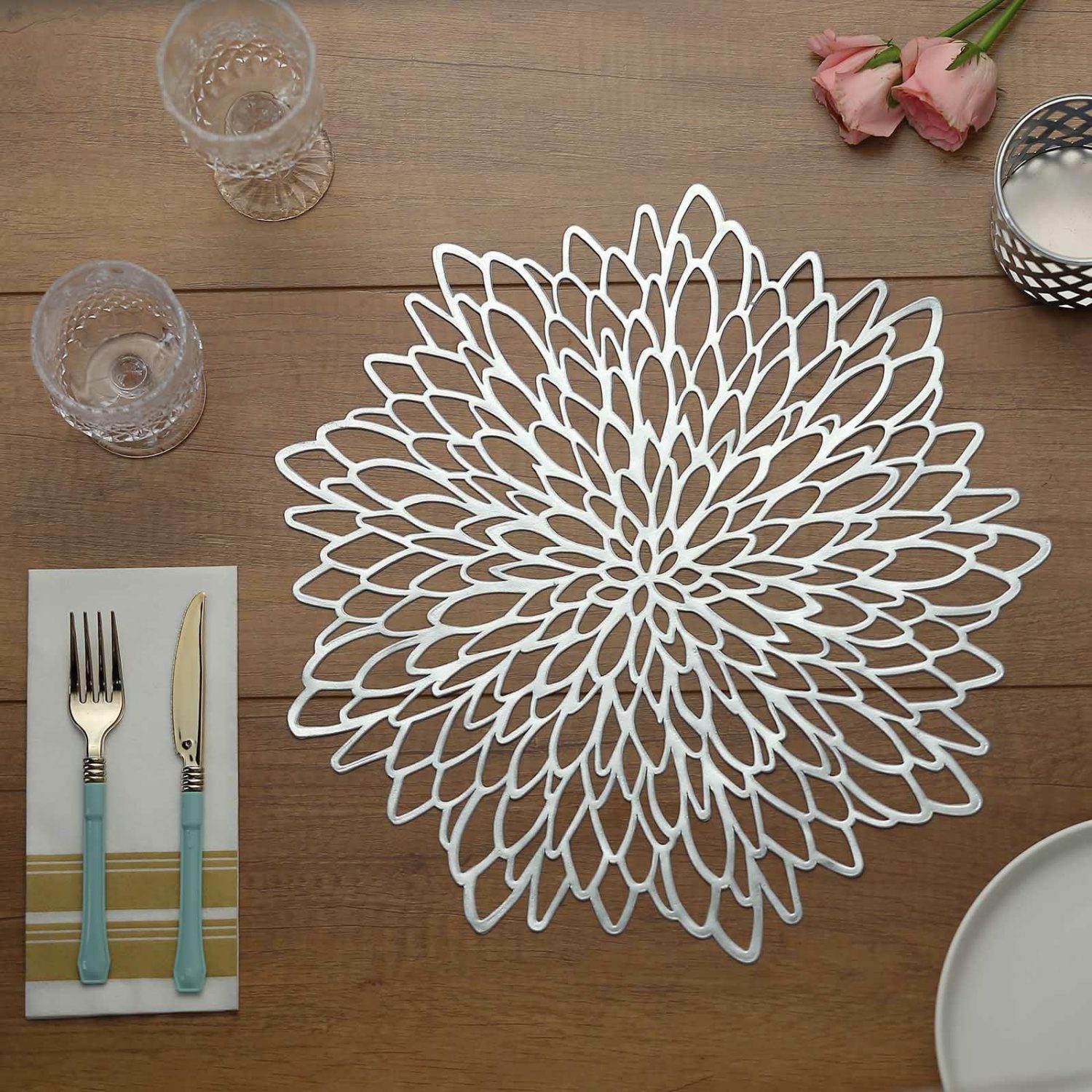 Placemats | 6 Pack Silver Decorative Floral Vinyl Placemats, Non-Slip Round Dining Table Mats 15″ Chargers Placemats