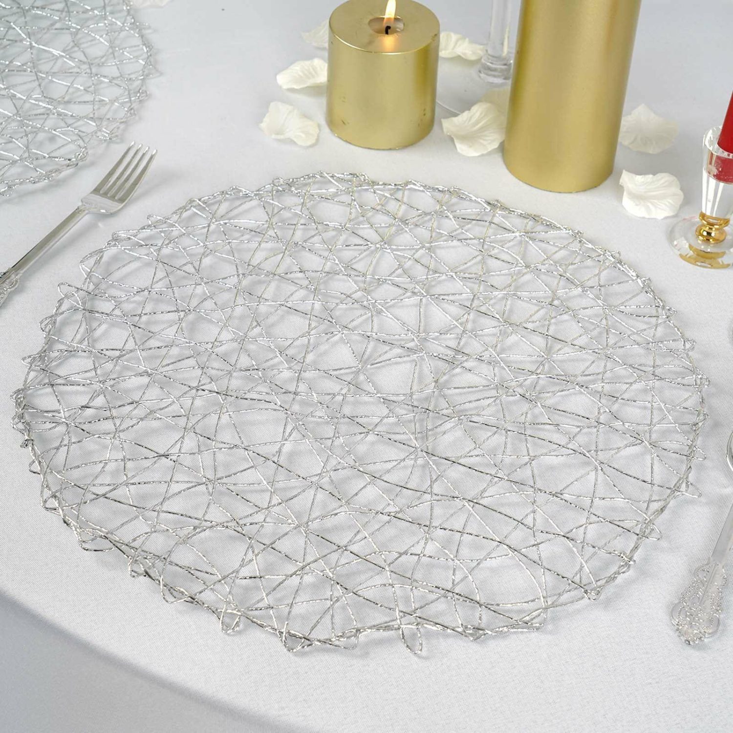 Placemats | 6 Pack Silver Metallic String Woven Placemats, Round Table Mats 15″ Chargers Placemats