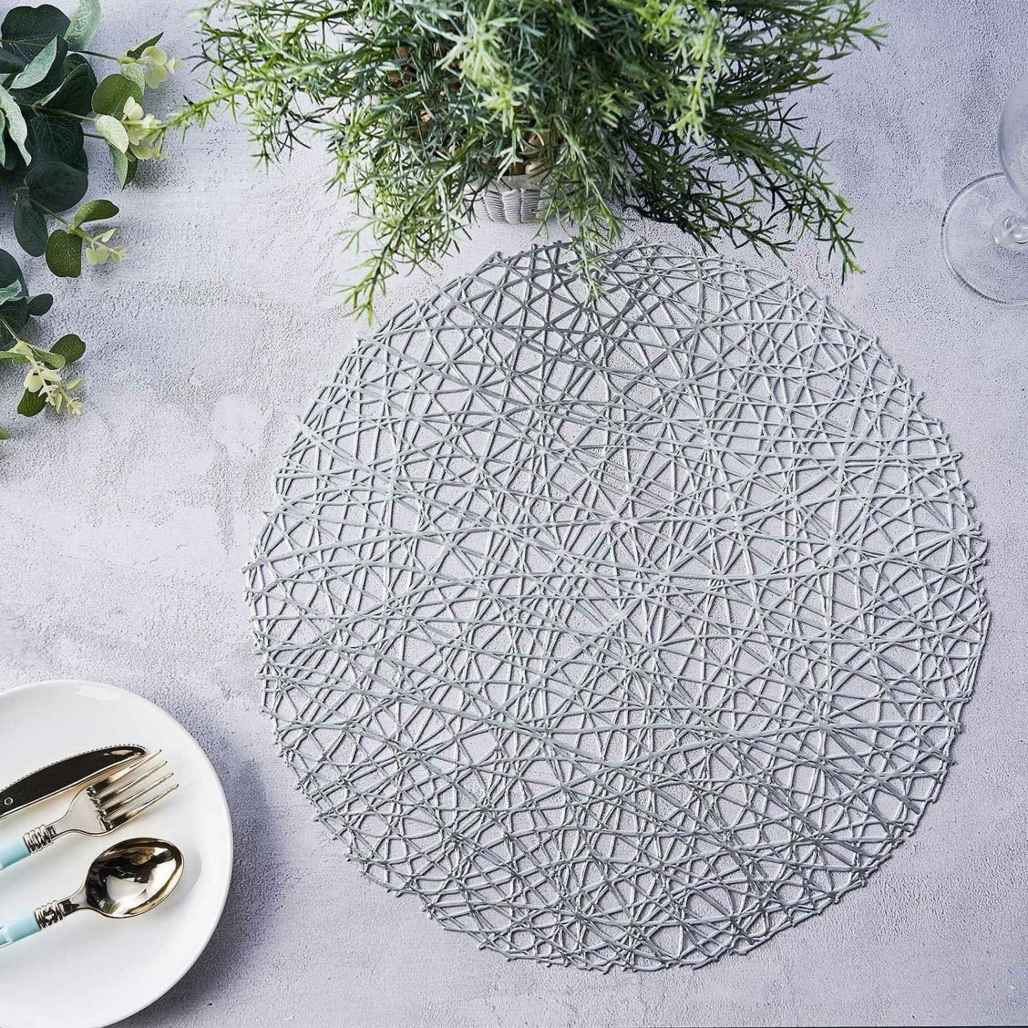 Placemats | 6 Pack Silver Metallic Woven Vinyl Placemats, Non-Slip Round Table Mats 15″ Chargers Placemats