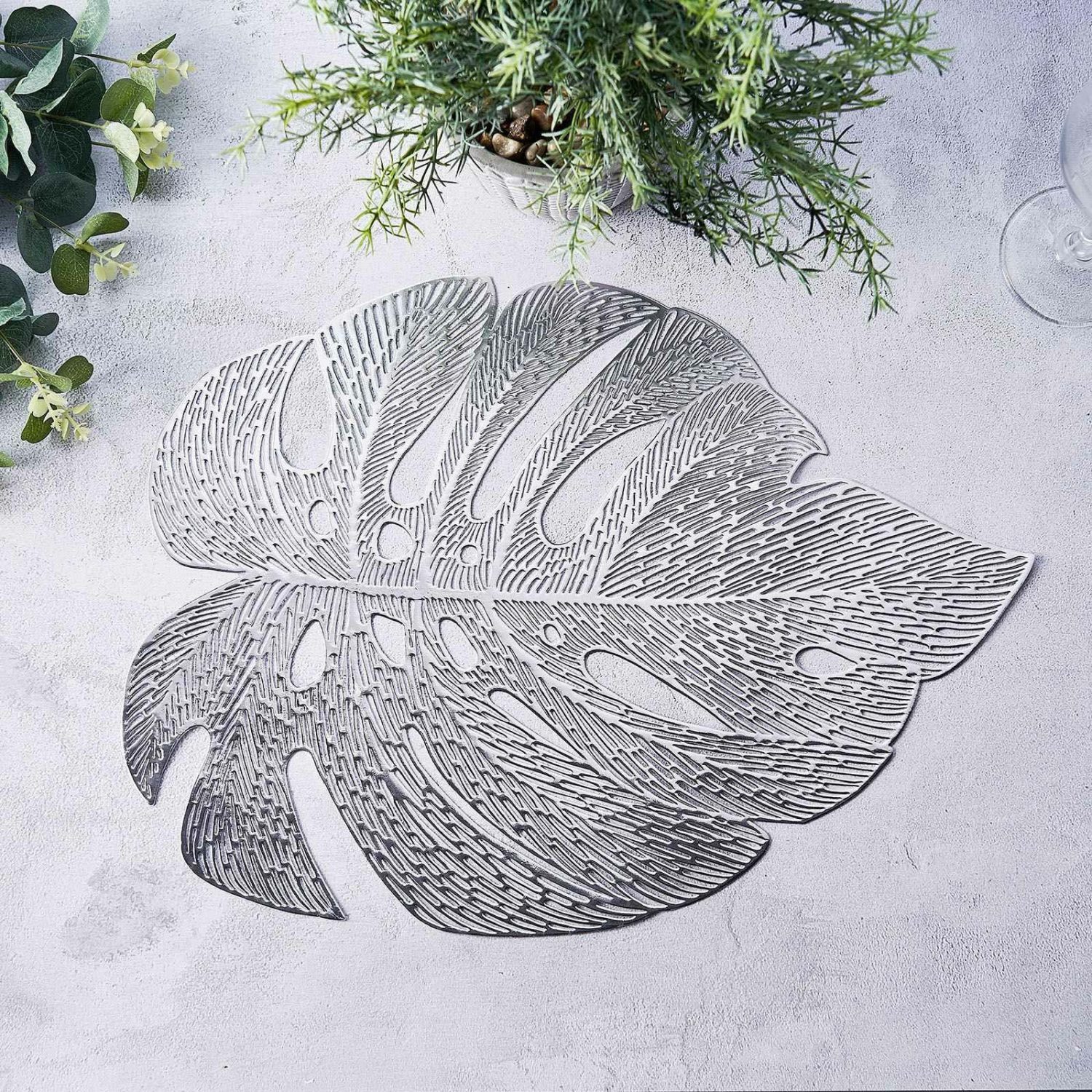 Placemats | 6 Pack Silver Monstera Leaf Vinyl Placemats, Non-Slip Dining Table Mats 18″ Chargers Placemats