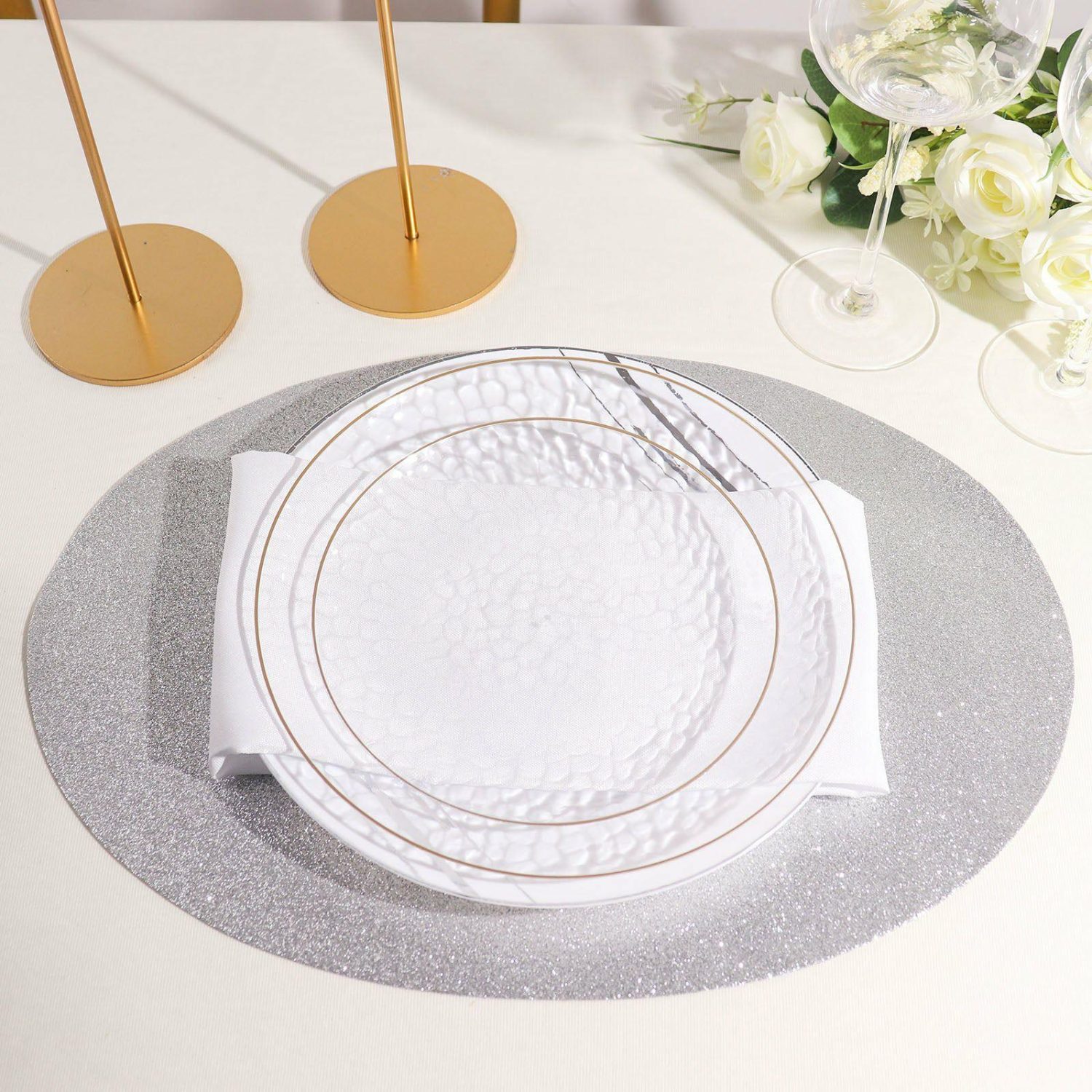 Placemats | 6 Pack Silver Sparkle Placemats, Non Slip Decorative Oval Glitter Table Mat Chargers Placemats