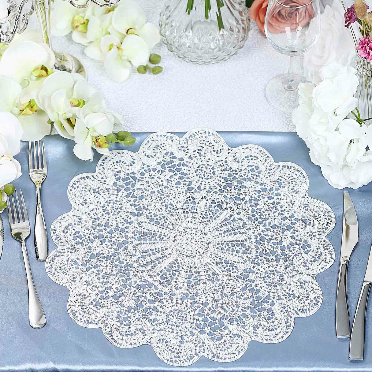 Placemats | 6 Pack White Vintage Floral Lace Vinyl Placemats, Non-Slip Dining Table Mats 15″ Chargers Placemats