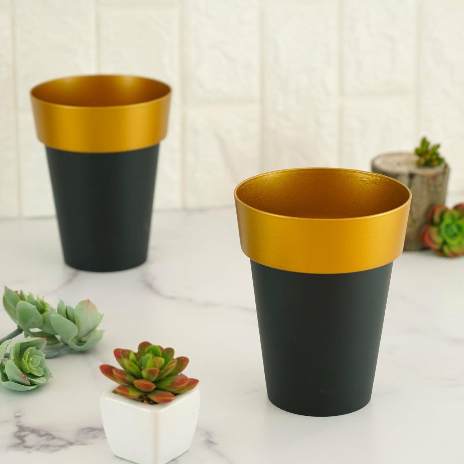 Planters | 2 Pack Black Gold Rimmed Medium Flower Plant Pots, Indoor Decorative Planters 6″ Floral Planter & Supplies Black/Gold