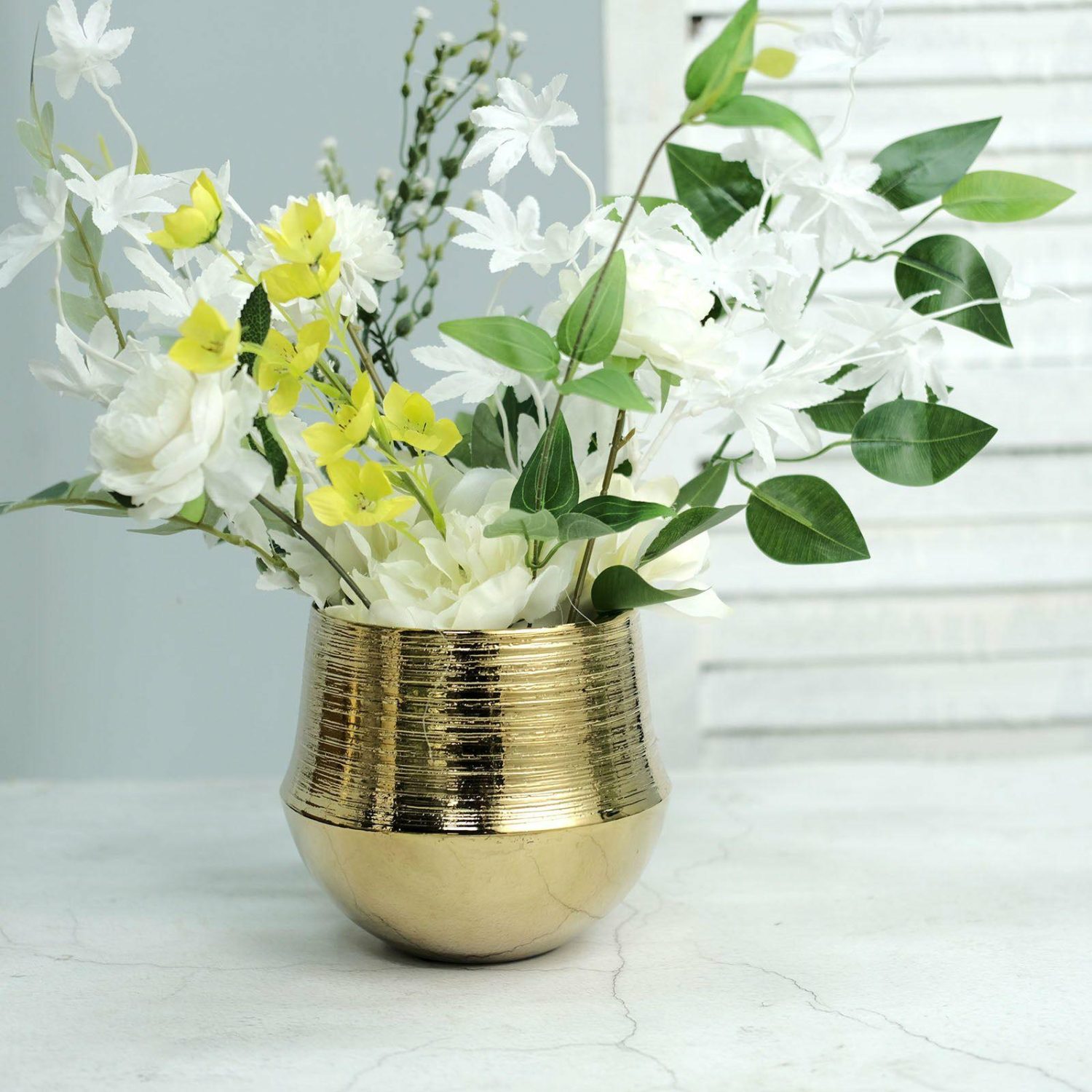 Planters | 2 Pack Gold Textured Round Ceramic Flower Plant Pots, Cylindrical Bell Shaped Metallic Gold Brushed Planter Pot 6″ Floral Planter & Supplies Planters