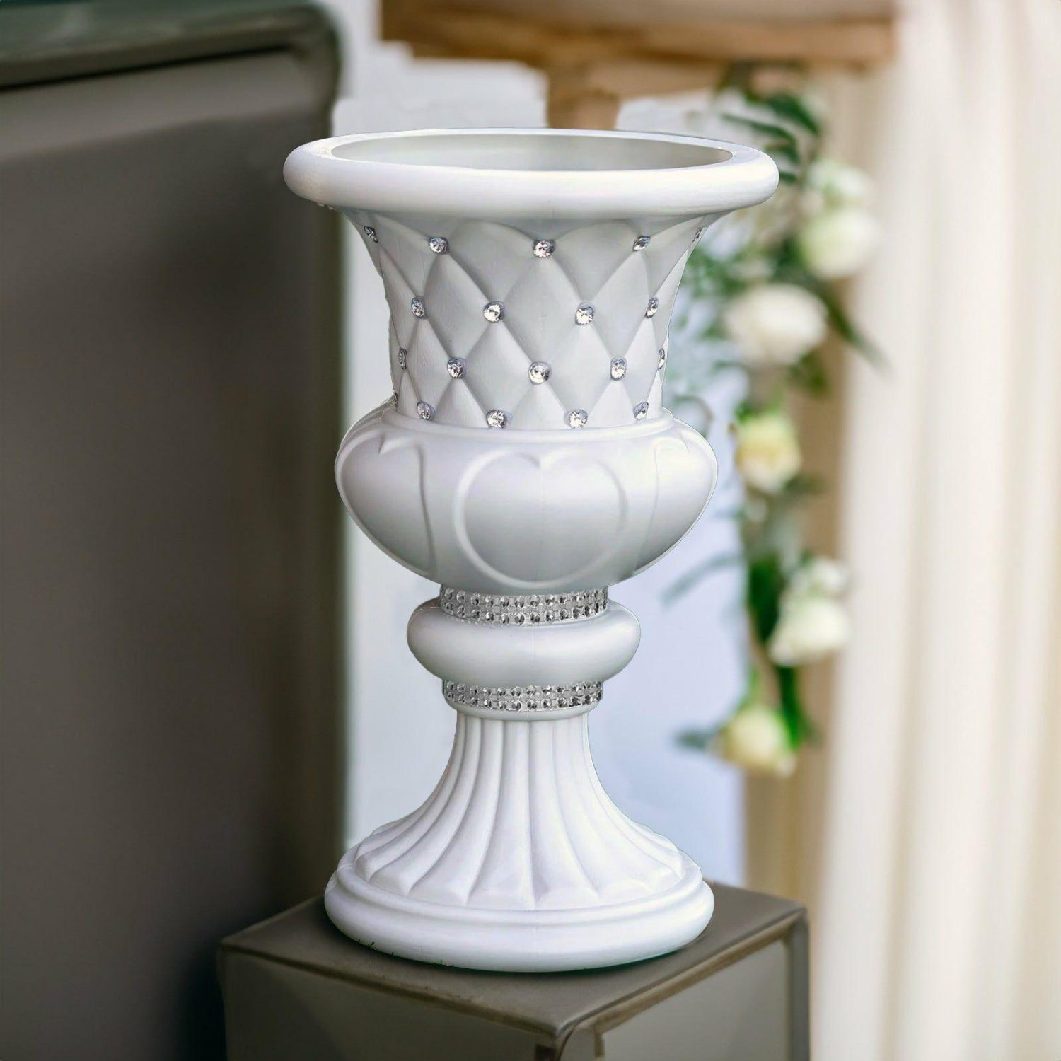 Planters | 2 Pack White Crystal Beaded Italian Inspired Pedestal Stand Flower Plant Pillar With 10mm Crystal Studs PVC 18″ Tall Floral Planter & Supplies Crystal Studded Italian