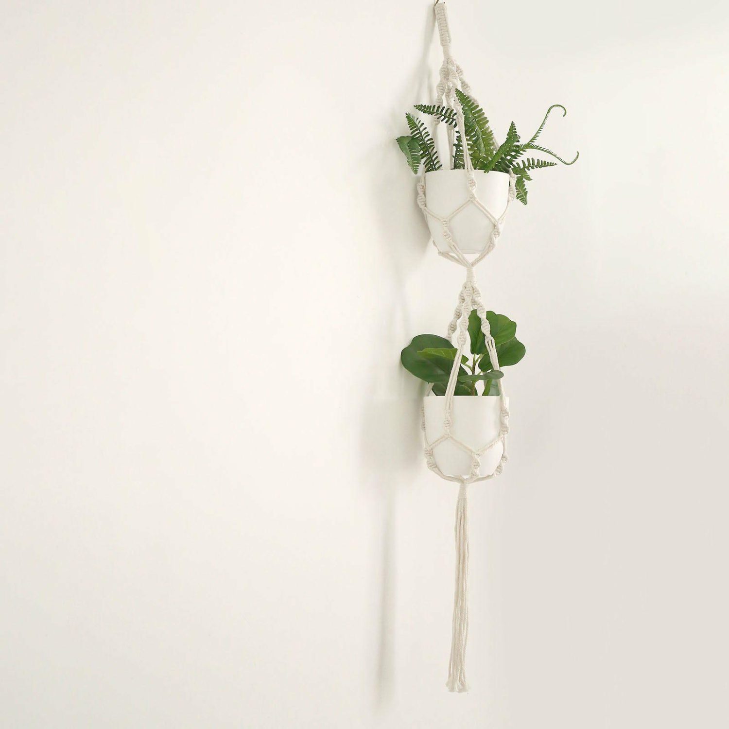 Planters | 2-Tier Double Ivory Macrame Indoor Hanging Planter Basket Cotton Rope, Dual Decorative Flower Pot Holder With Tassel, Boho Chic Home Decor Floral Planter & Supplies Planters