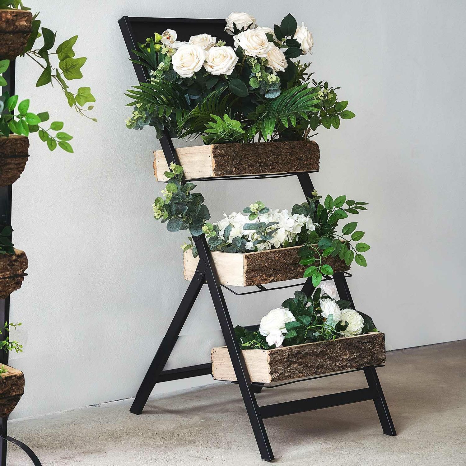 Planters | 3-Tier Metal Ladder Plant Stand With Natural Wooden Log Planters 42″ Floral Planter & Supplies 3 Tier