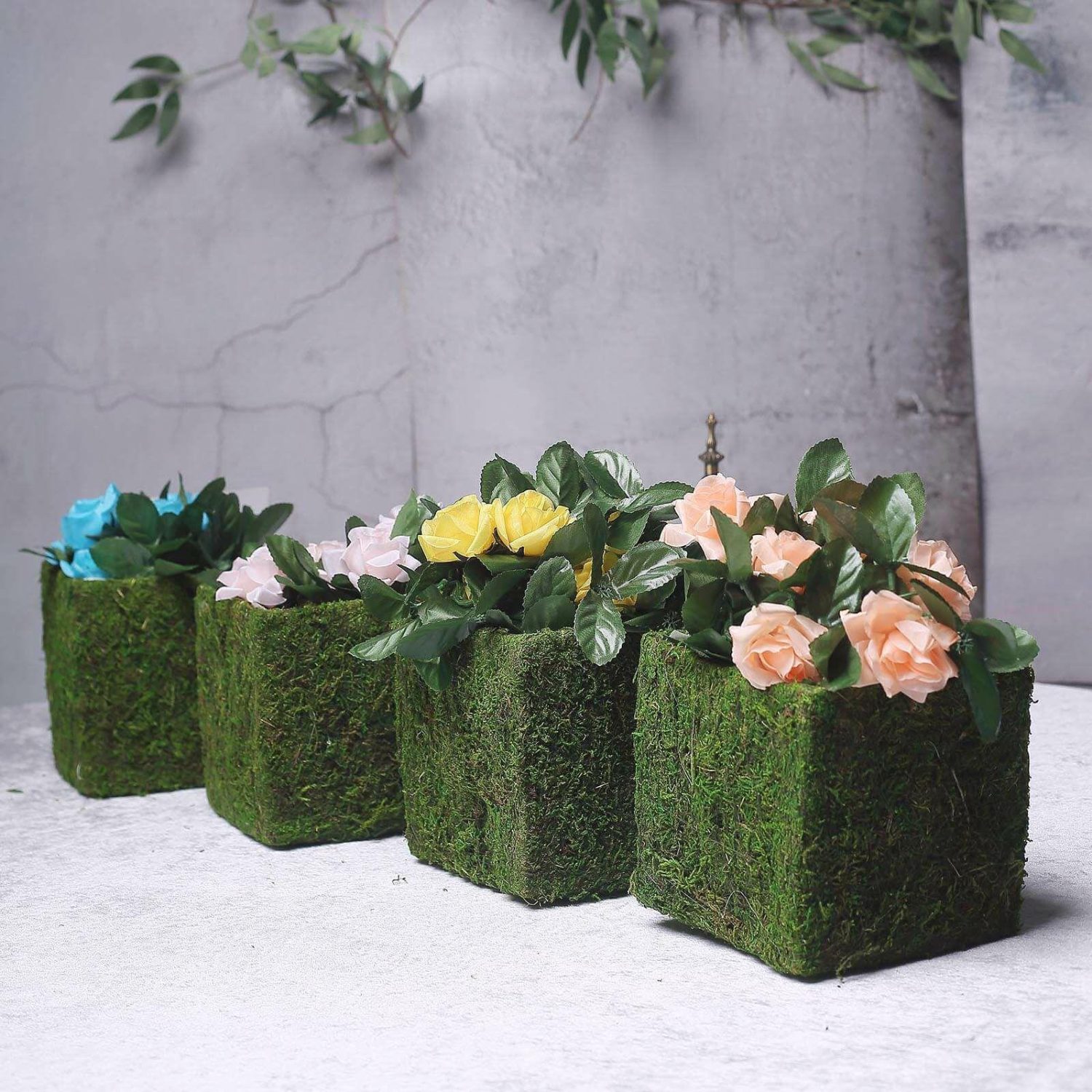 Planters | 4 Pack Green Preserved Moss Covered Square Planter Boxes, Flower Baskets with Inner Lining 6″ Floral Planter & Supplies Planters