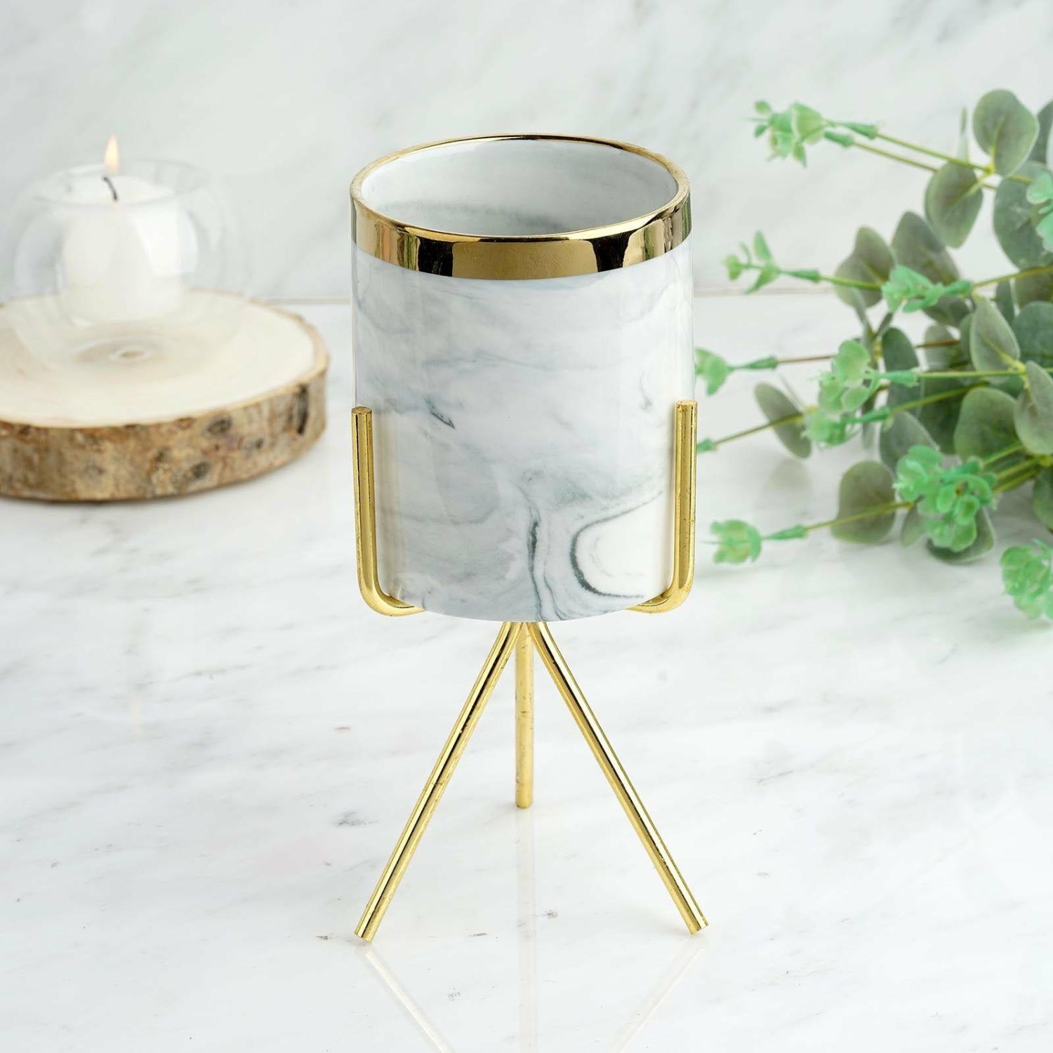 Planters | Gold Rimmed Marble Ceramic Vase Planter Pot With Gold Metal Stand 8″ Floral Planter & Supplies Gray/White