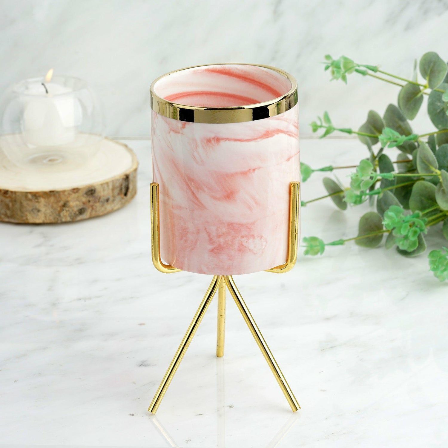 Planters | Gold Rimmed Pink Marble Ceramic Vase Planter Pot With Gold Metal Stand 8″ Floral Planter & Supplies Pink/White