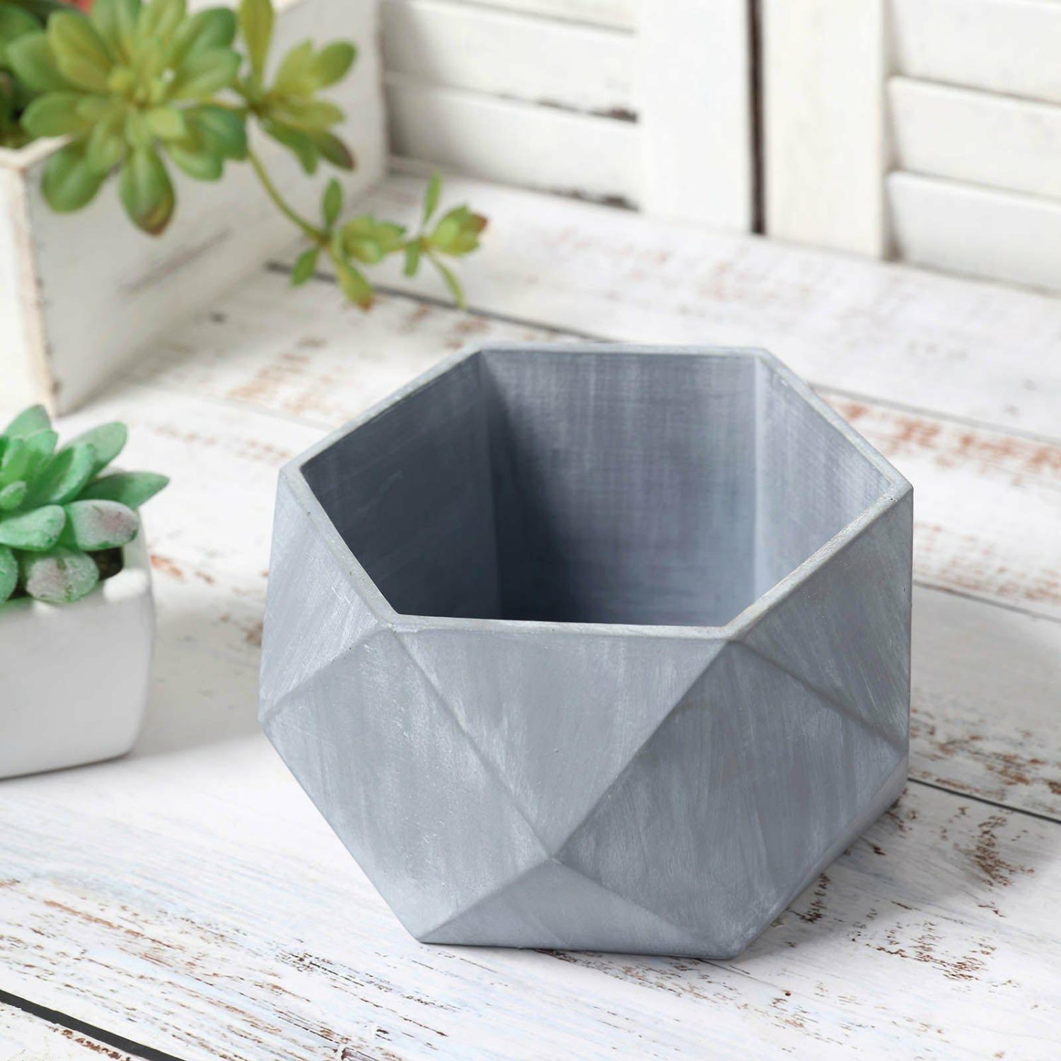 Planters | Gray Finished Concrete Geometric Planter, Mini Cement Succulent Flower Pot 7″ Floral Planter & Supplies Planters