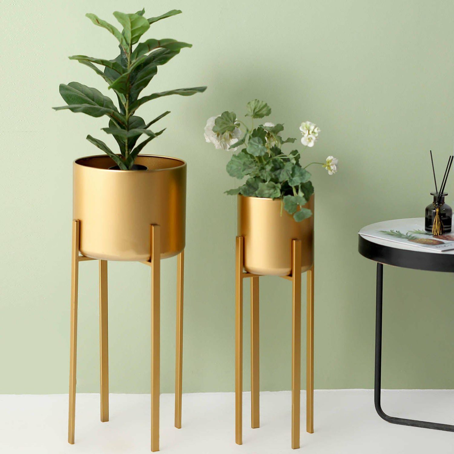 Planters | Set of 2 Modern Gold Metal Planter Stands, Decorative Indoor Plant Pots 25″, 27″ Floral Planter & Supplies Planters