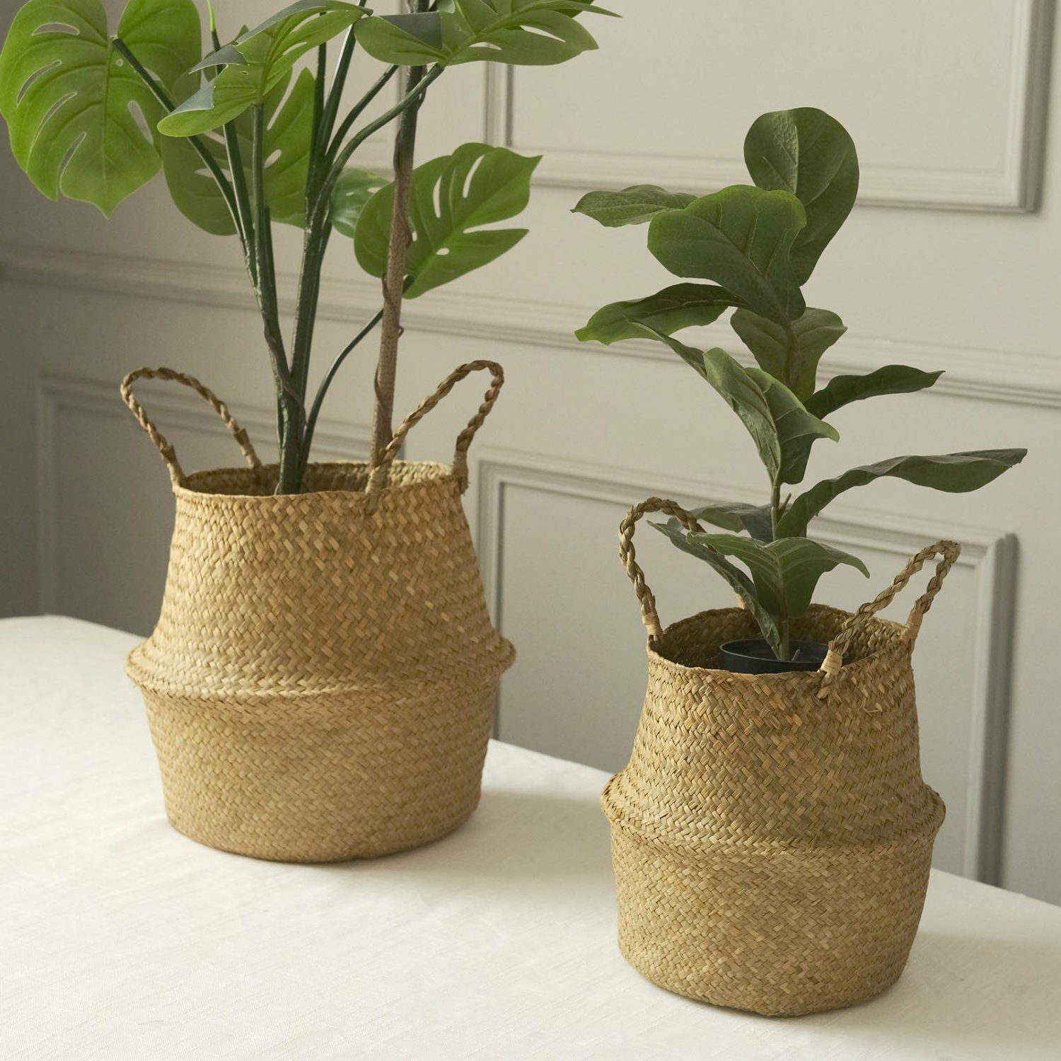 Planters | Set of 2 Natural Seagrass Plant Baskets, Wicker Hand Woven Straw Planter With Handles Floral Planter & Supplies Planters