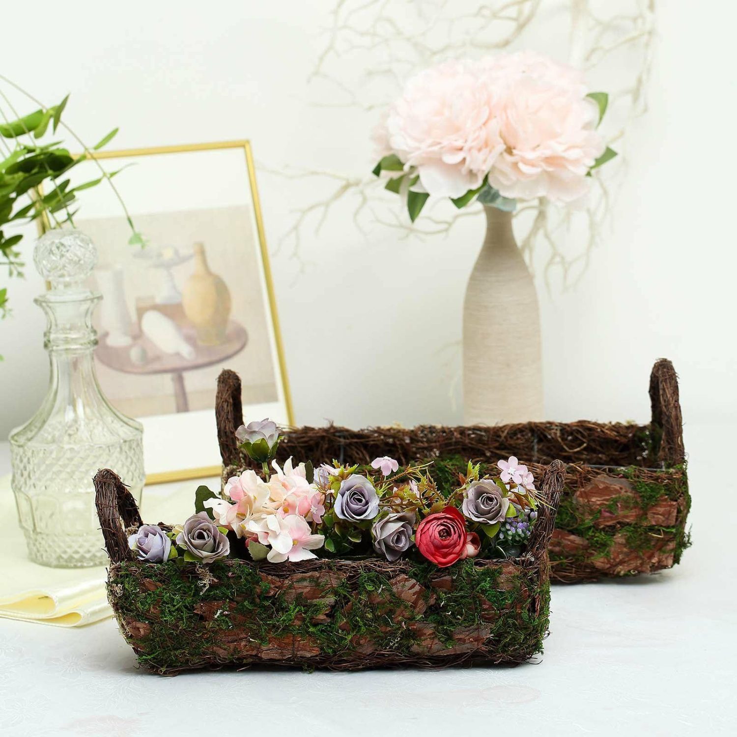 Planters | Set of 2 Rustic Log Shaped Preserved Moss Planter Boxes, Flower Baskets With Handle 13″, 15″ Floral Planter & Supplies Planters