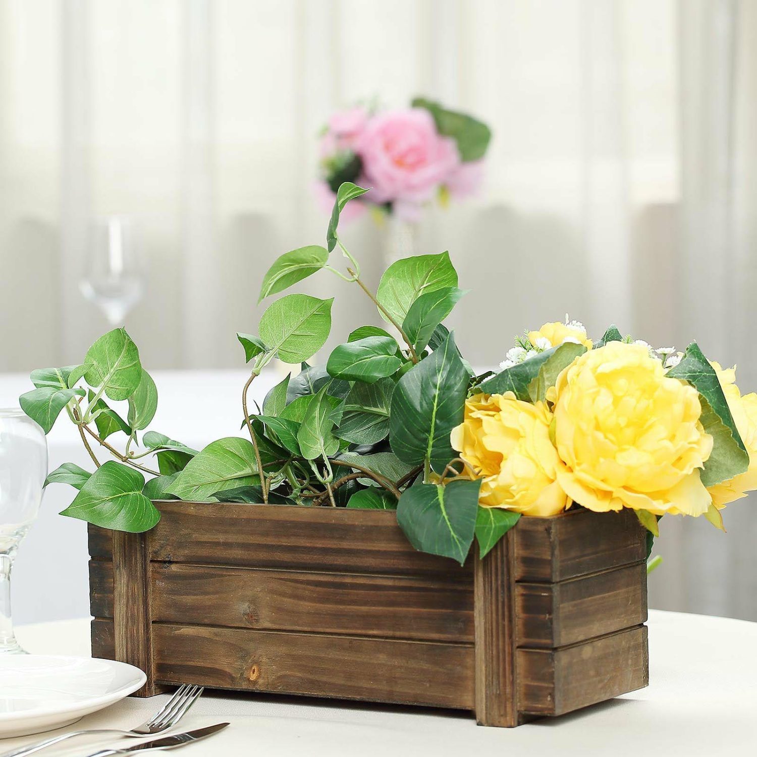 Planters | Smoked Brown Rustic Natural Wood Planter Box Set With Removable Plastic Liners 14″x5″ Floral Planter & Supplies Dark Brown