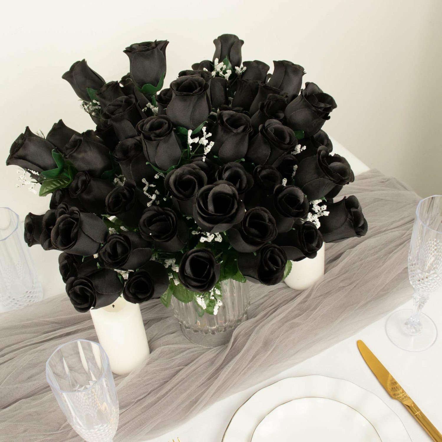 Rose Bouquet | 12 Bushes Black Artificial Premium Silk Flower Rose Bud Bouquets Artificial Flowers Black