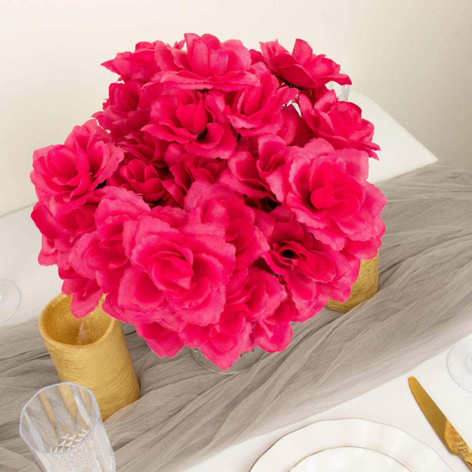 Rose Bouquet | 12 Bushes Fuchsia Artificial Premium Silk Blossomed Rose Flowers 84 Roses Artificial Flowers Fuchsia