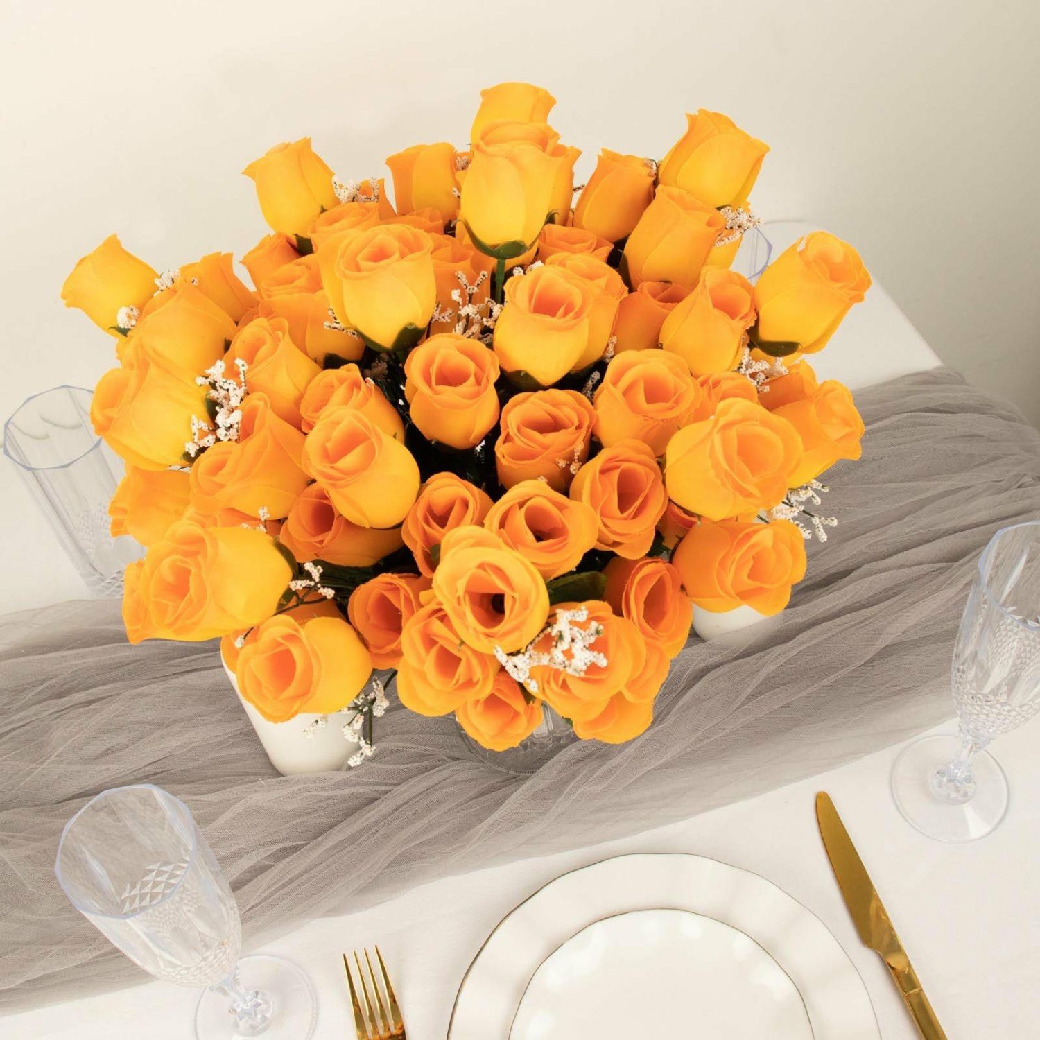 Rose Bouquet | 12 Bushes Orange Artificial Premium Silk Flower Rose Bud Bouquets Artificial Flowers Orange