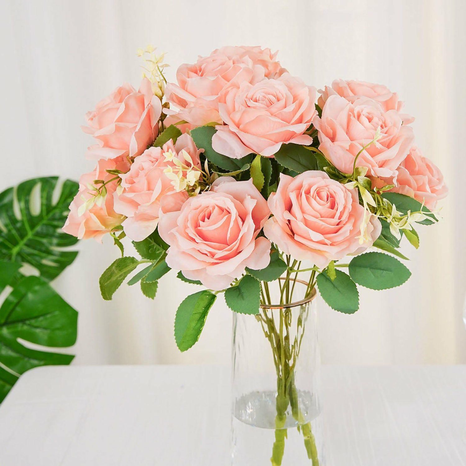 Rose Bouquet | 2 Bushes Blush Artificial Silk Rose Flower Arrangements, Real Touch Long Stem Flower Bouquet 18″ Artificial Flowers Blush