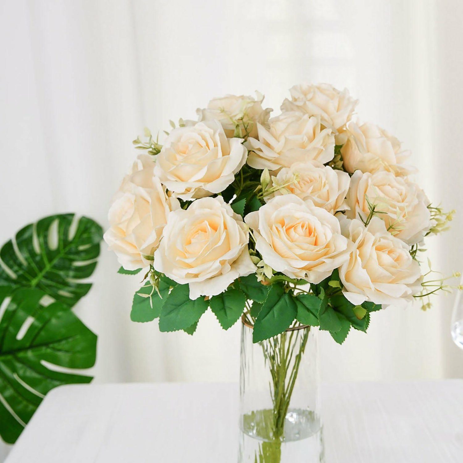 Rose Bouquet | 2 Bushes Cream Artificial Silk Rose Flower Arrangements, Real Touch Long Stem Flower Bouquet 18″ Artificial Flowers Cream