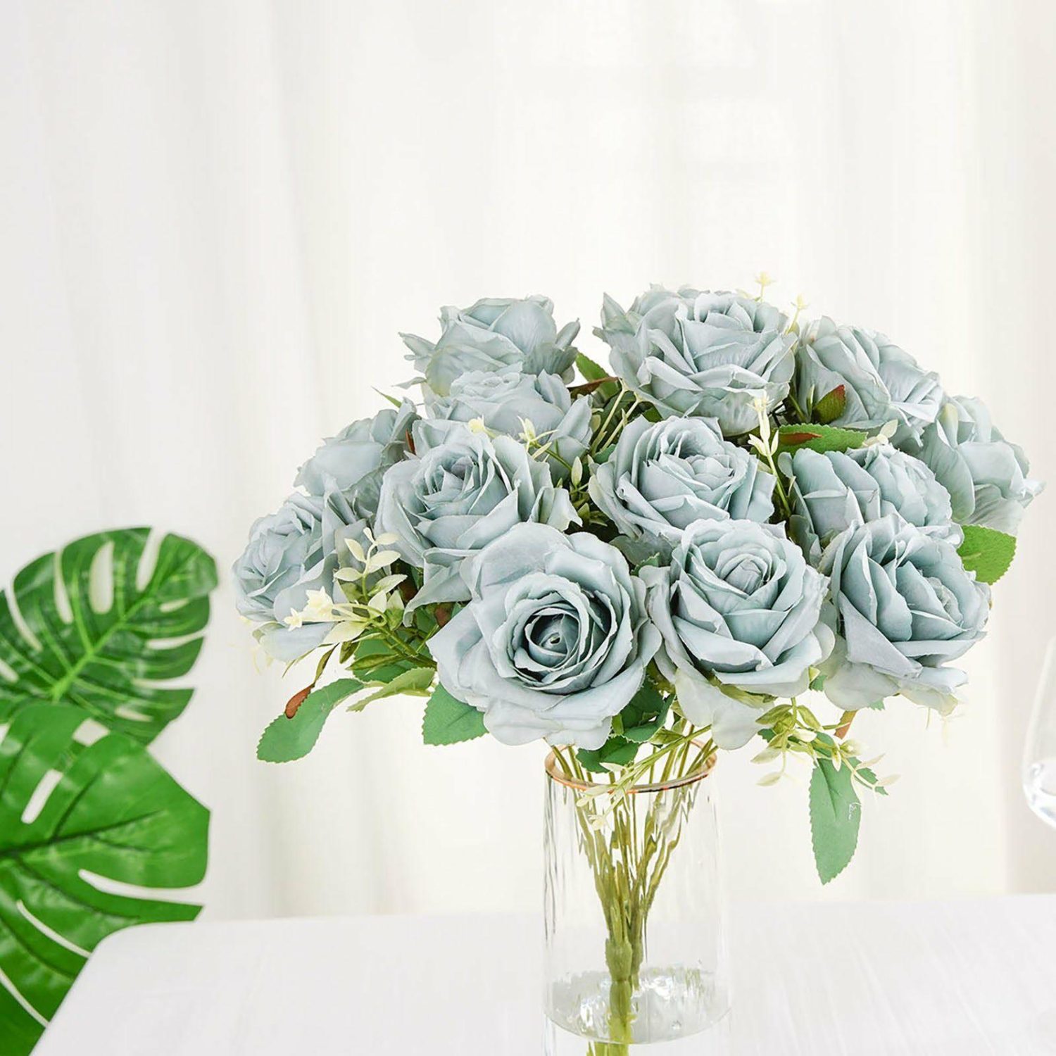 Rose Bouquet | 2 Bushes Dusty Blue Artificial Silk Rose Flower Arrangements, Real Touch Long Stem Flower Bouquet 18″ Display Props Dusty blue