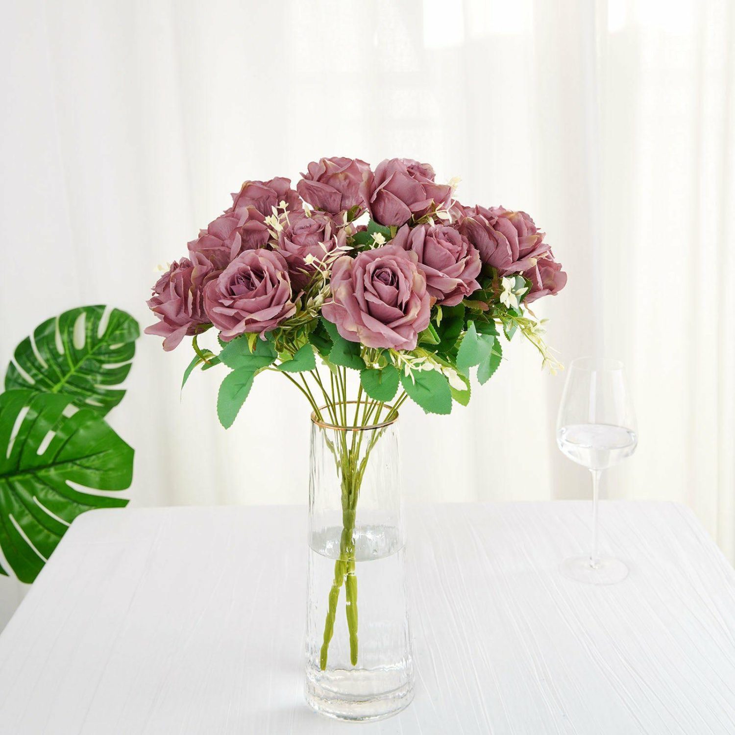 Rose Bouquet | 2 Bushes Dusty Rose Artificial Silk Rose Flower Arrangements, Real Touch Long Stem Flower Bouquet 18″ Artificial Flowers Dusty rose