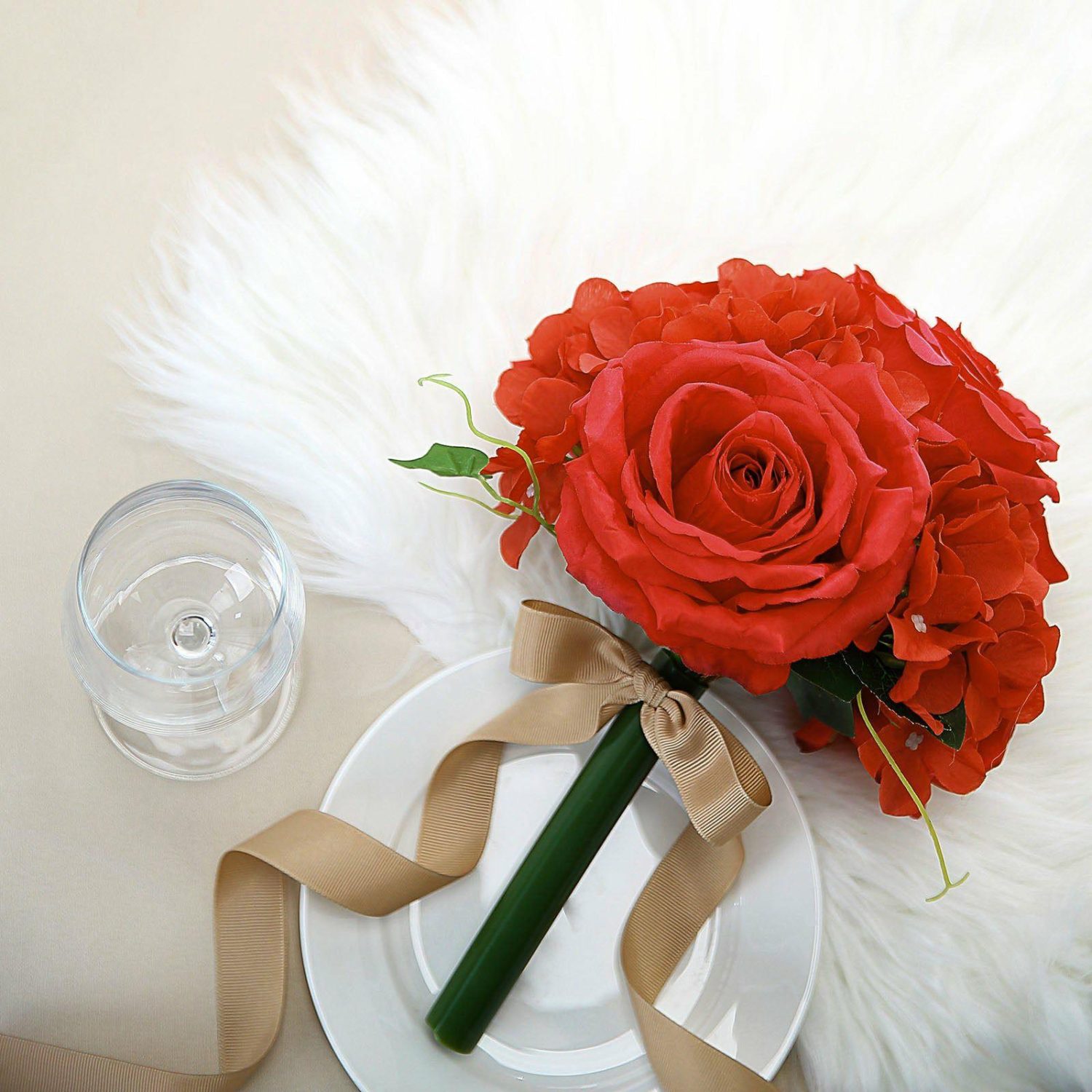 Rose Bouquet | 2 Bushes Red Artificial Rose and Hydrangea Mixed Flowers, Silk Wedding Bridal Bouquets Artificial Flowers Red