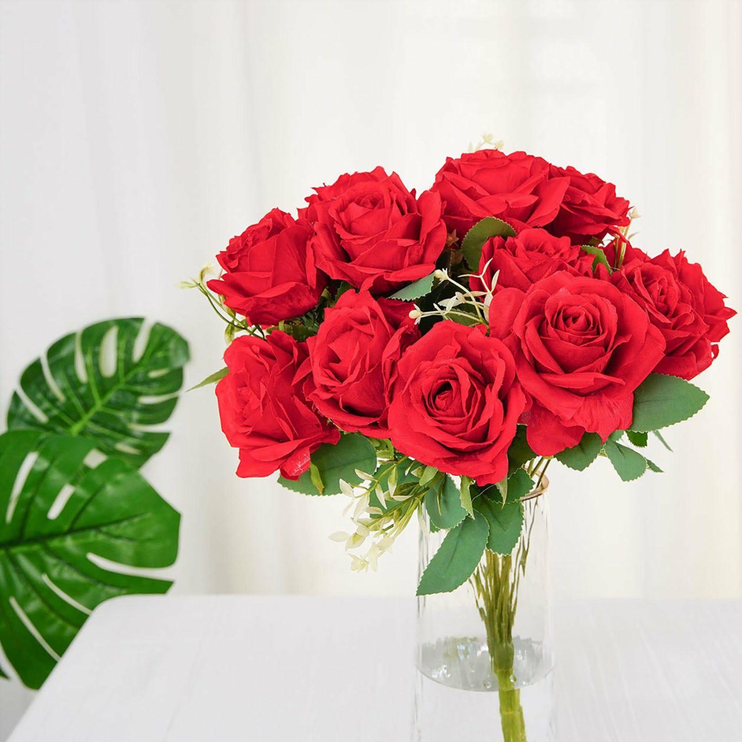 Rose Bouquet | 2 Bushes Red Artificial Silk Rose Flower Arrangements, Real Touch Long Stem Flower Bouquet 18″ Artificial Flowers Red