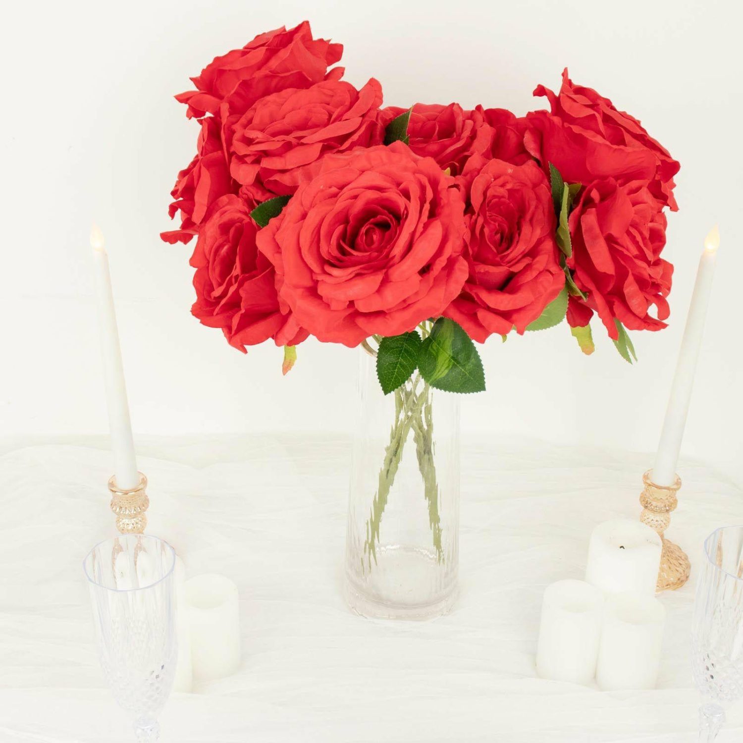 Rose Bouquet | 2 Bushes Red Premium Silk Jumbo Rose Flower Bouquet, High Quality Artificial Wedding Floral Arrangements 17″ Artificial Flowers Red