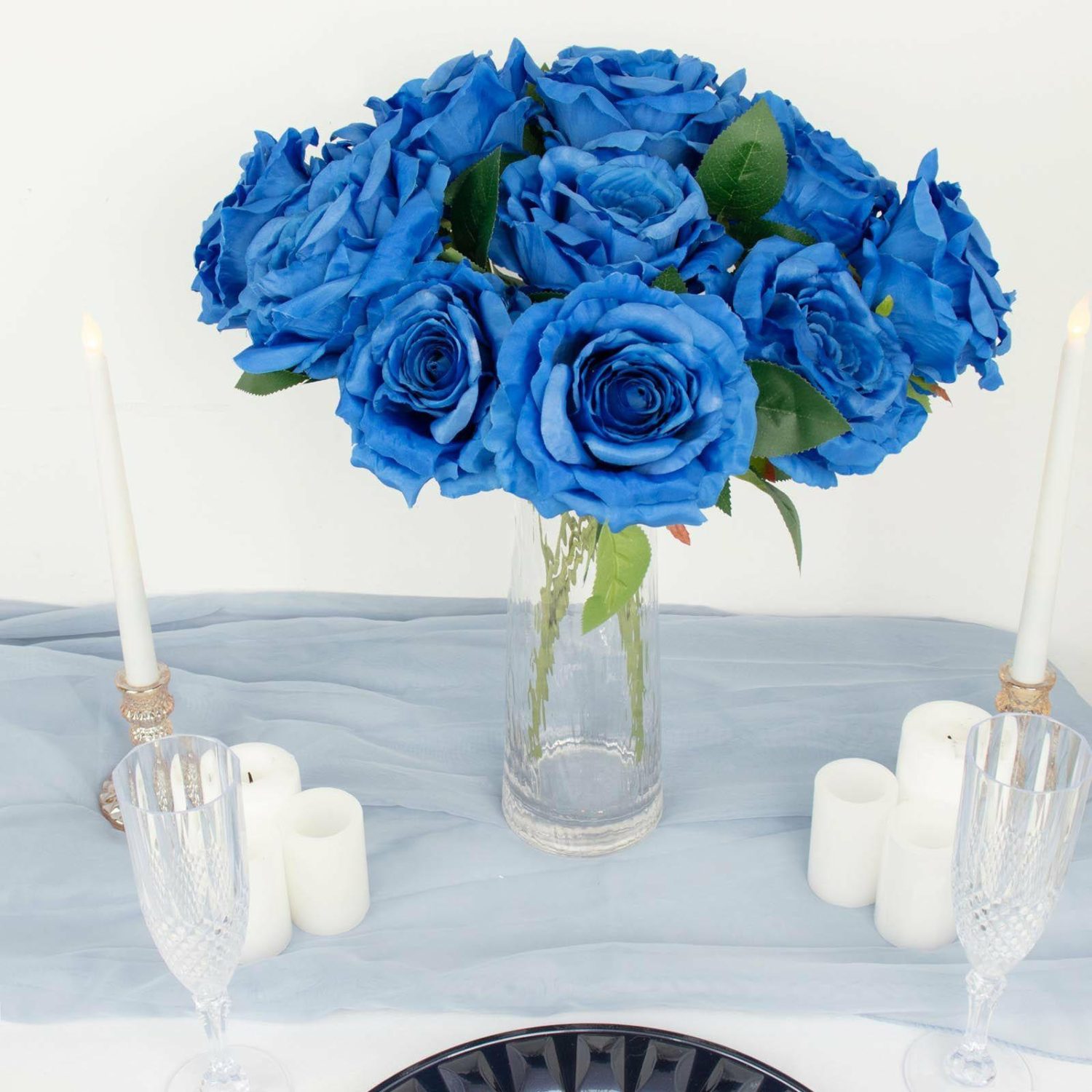 Rose Bouquet | 2 Bushes Royal Blue Premium Silk Jumbo Rose Flower Bouquet, High Quality Artificial Wedding Floral Arrangements 17″ Artificial Flowers Rose Bouquet