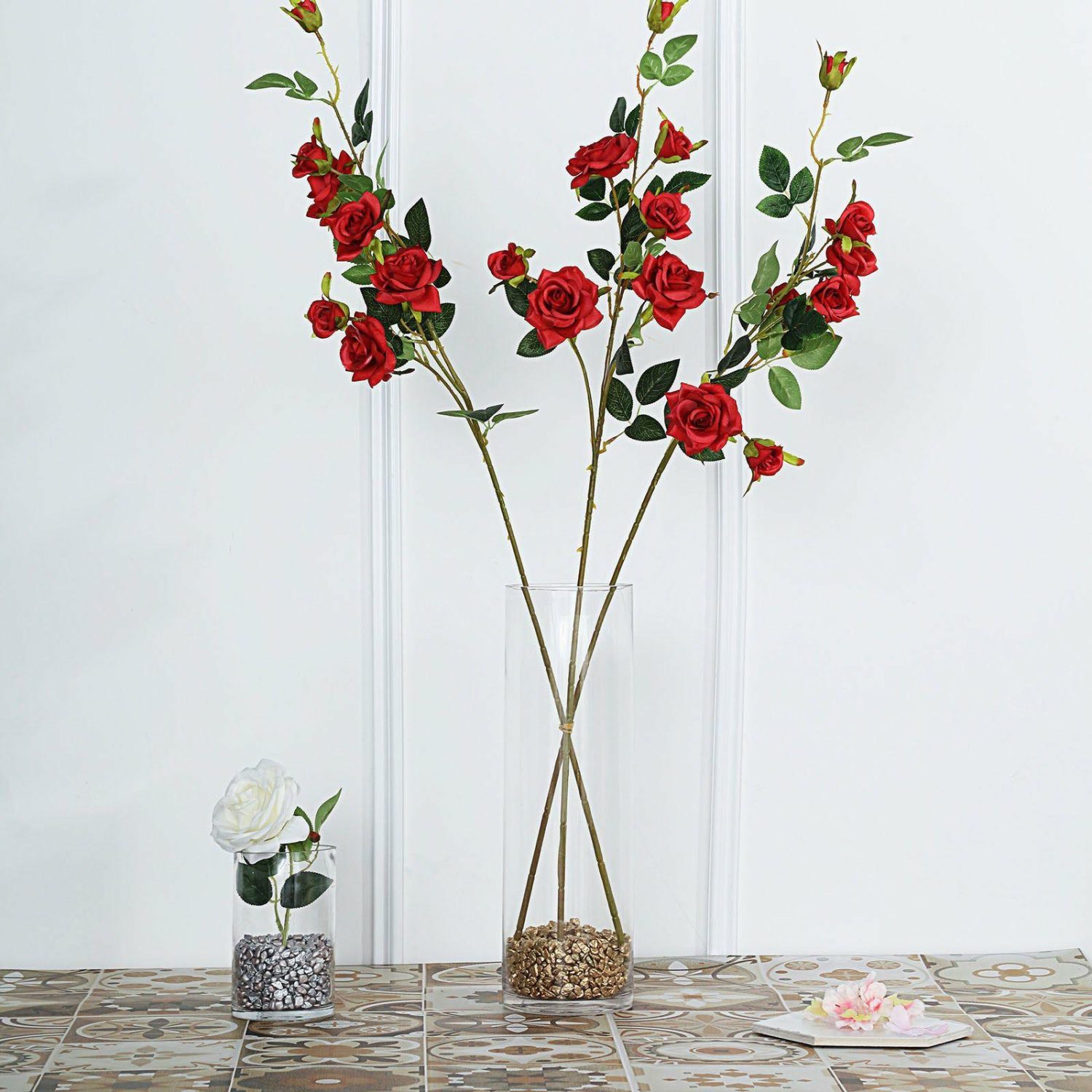 Rose Bouquet | 2 Stems Artificial Red Rose Bouquet, Realistic Silk Flower Arrangements 38″ Tall Artificial Flowers Red