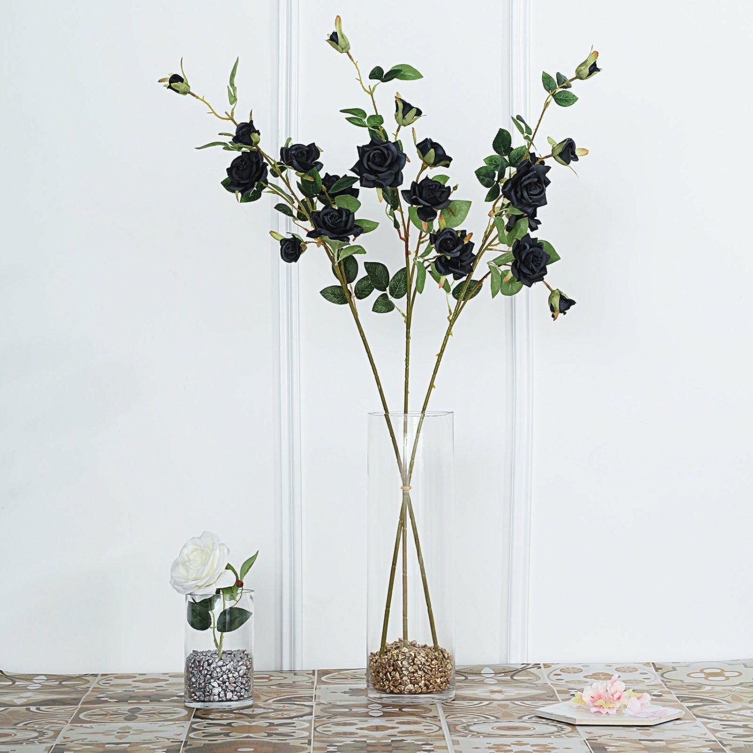 Rose Bouquet | 2 Stems Black Artificial Silk Rose Flower Bouquet Bushes 38″ Tall Artificial Flowers Black