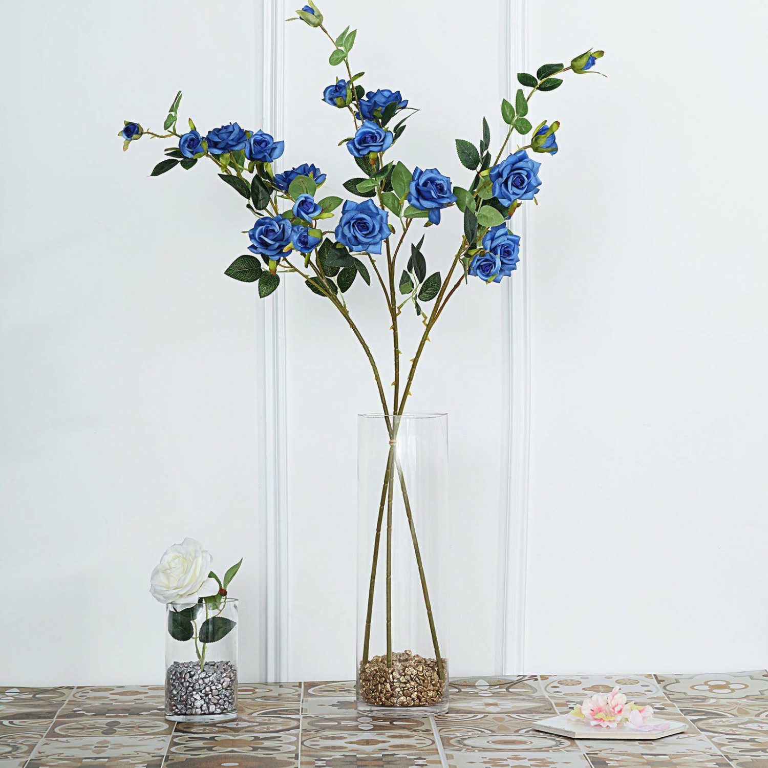 Rose Bouquet | 2 Stems Royal Blue Artificial Silk Rose Flower Bouquet Bush 38″ Tall Artificial Flowers Rose Bouquet