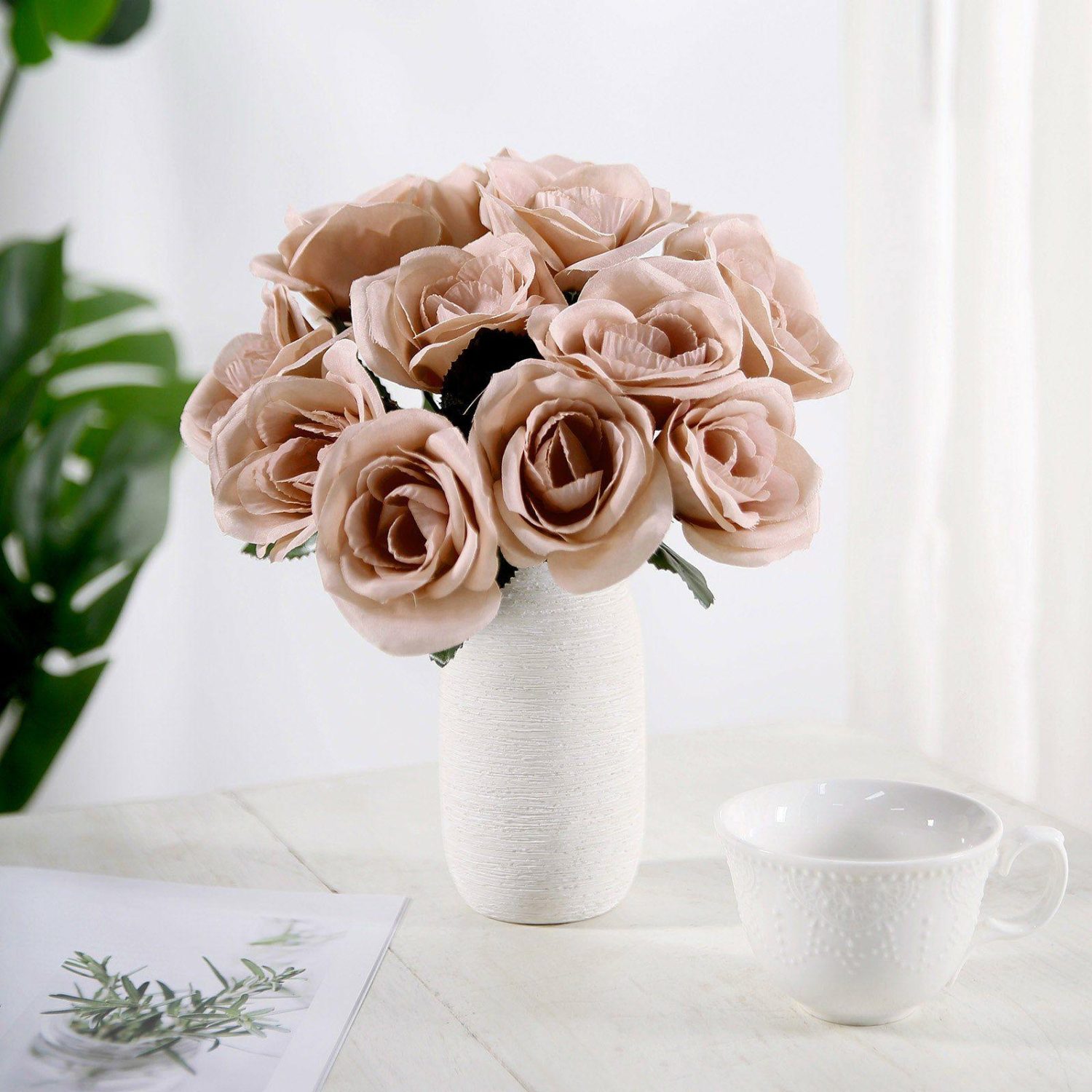 Rose Bouquet | Dusty Rose Artificial Velvet-Like Fabric Rose Flower Bouquet Bush 12″ Artificial Flowers Dusty rose