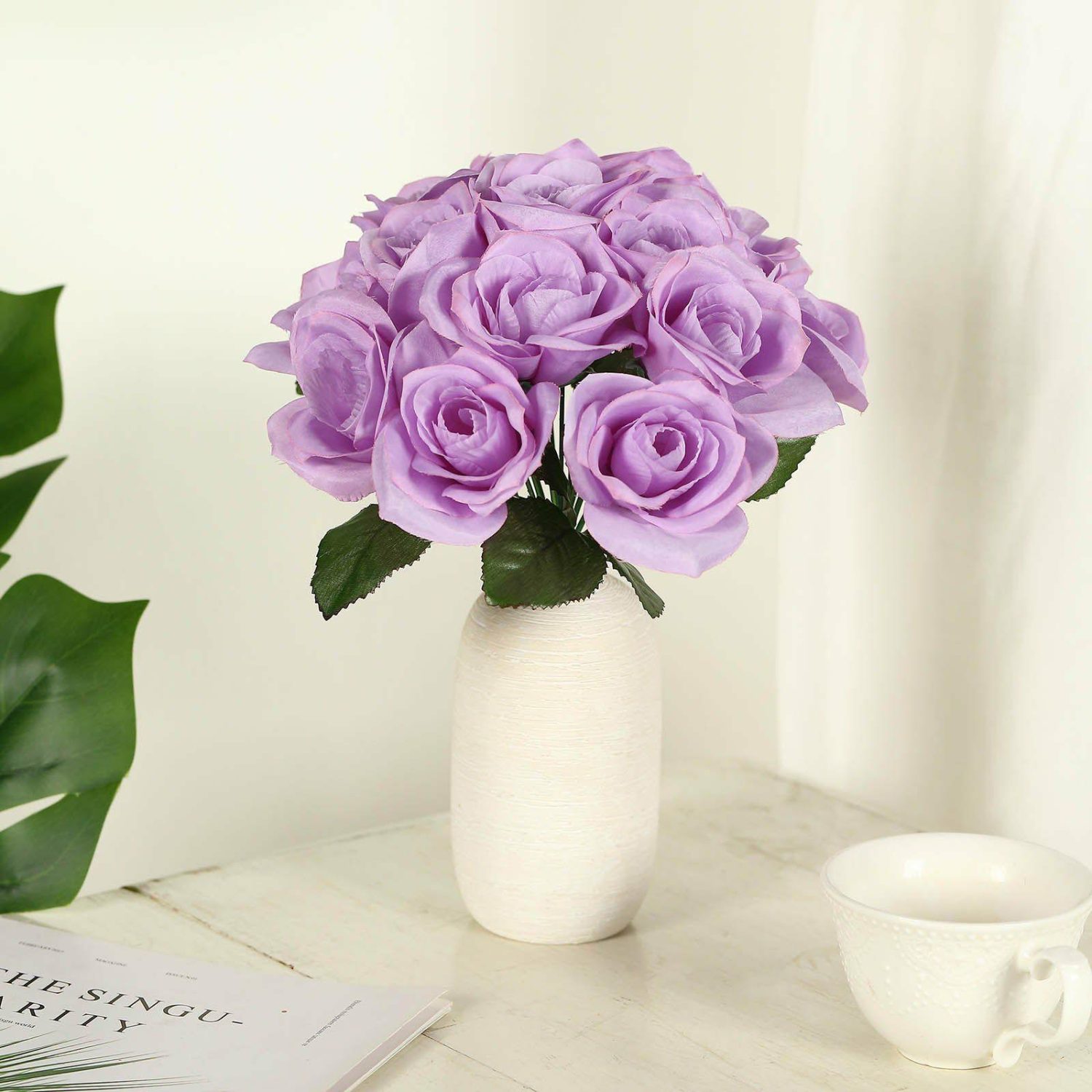 Rose Bouquet | Lavender Lilac Artificial Velvet-Like Fabric Rose Flower Bouquet Bush 12″ Artificial Flowers Lavender Lilac