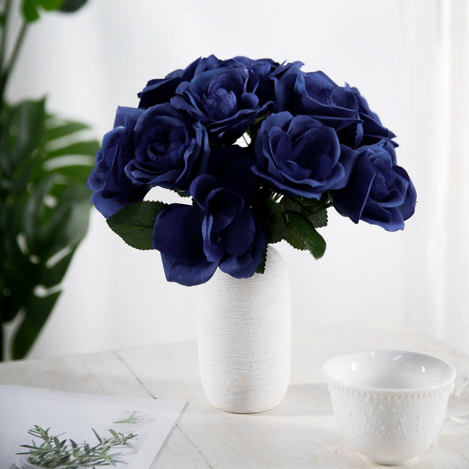 Rose Bouquet | Navy Blue Artificial Velvet-Like Fabric Rose Flower Bouquet Bush 12″ Artificial Flowers Navy Blue