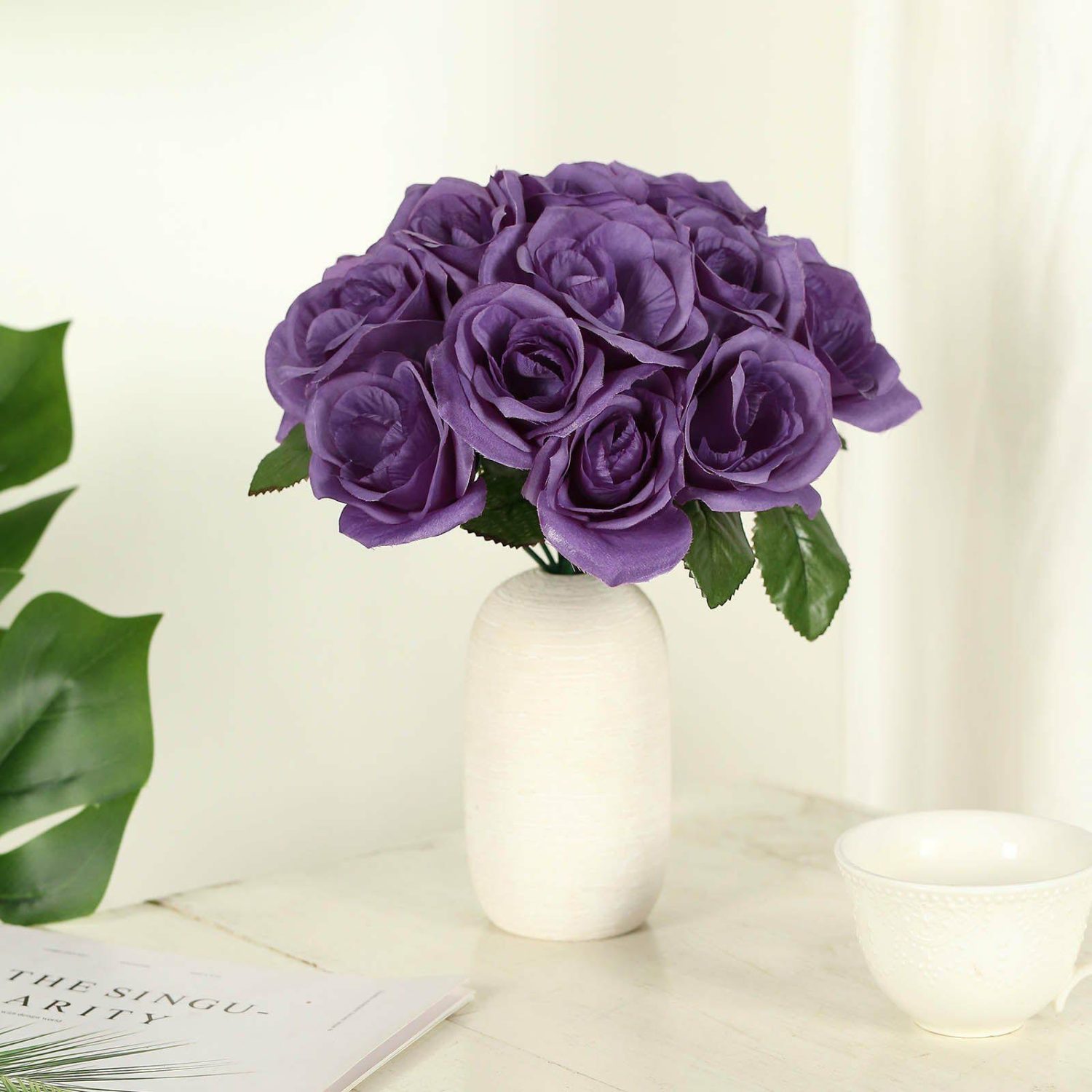 Rose Bouquet | Purple Artificial Velvet-Like Fabric Rose Flower Bouquet Bush 12″ Artificial Flowers Purple