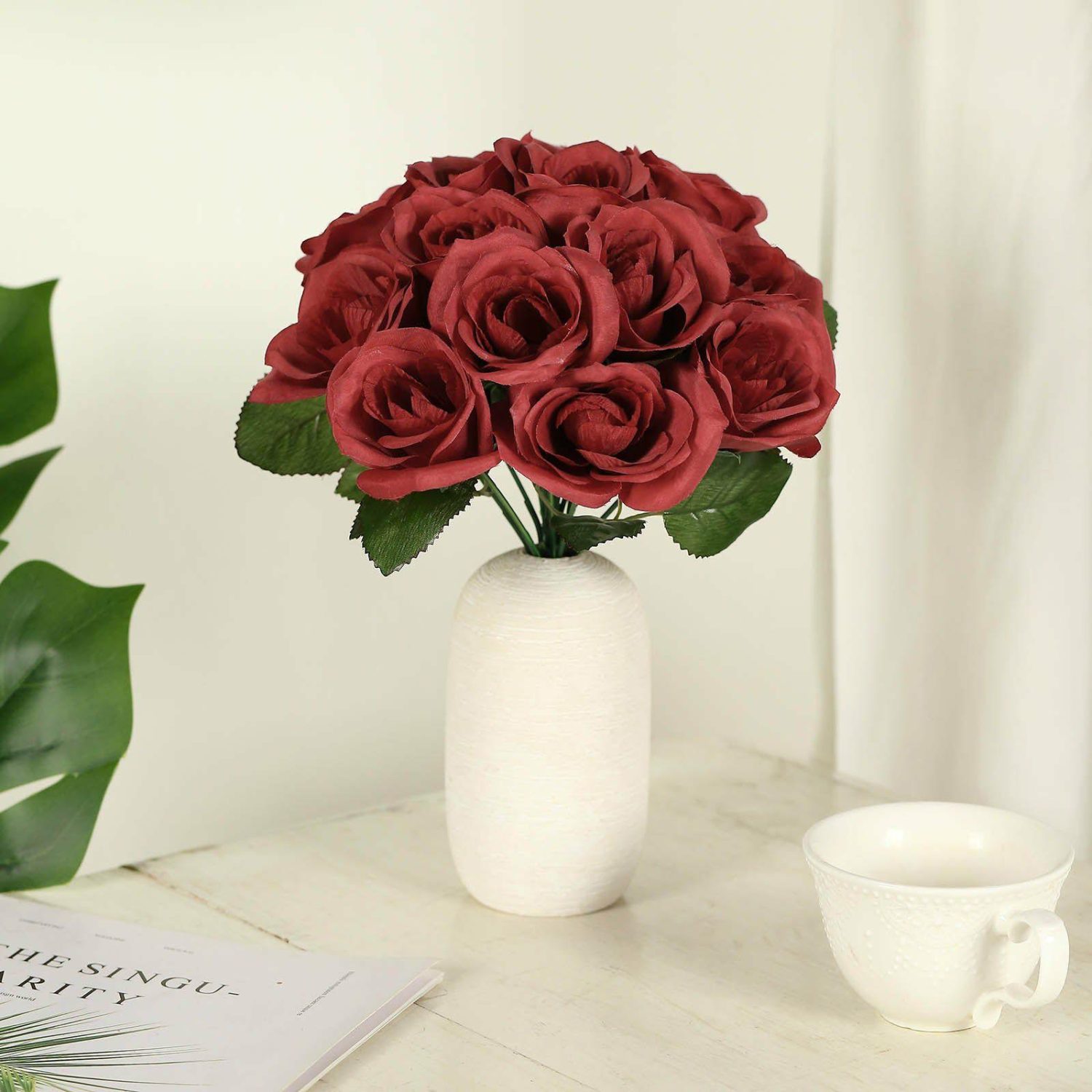 Rose Bouquet | Red Artificial Velvet-Like Fabric Rose Flower Bouquet Bush 12″ Artificial Flowers Red