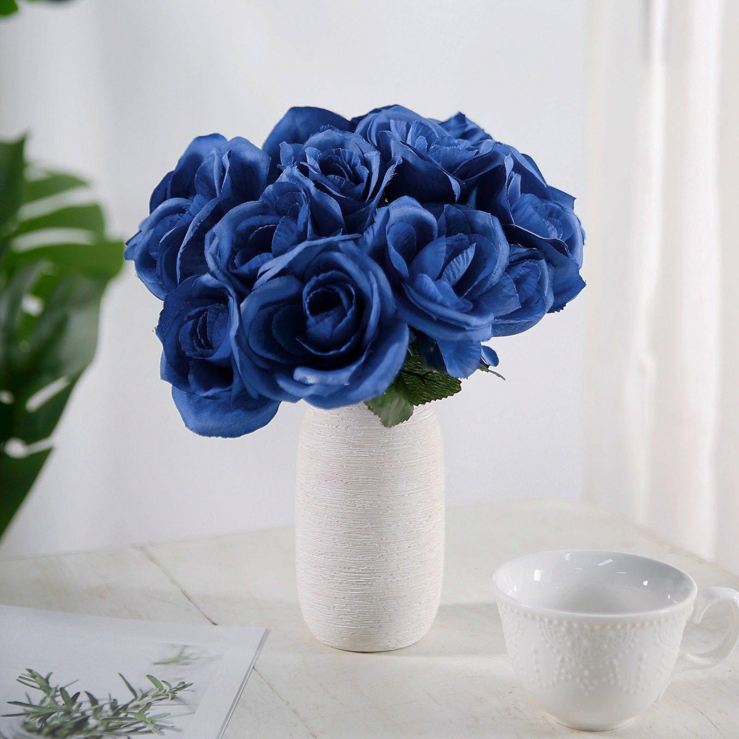 Rose Bouquet | Royal Blue Artificial Velvet-Like Fabric Rose Flower Bouquet Bush 12″ Artificial Flowers Rose Bouquet